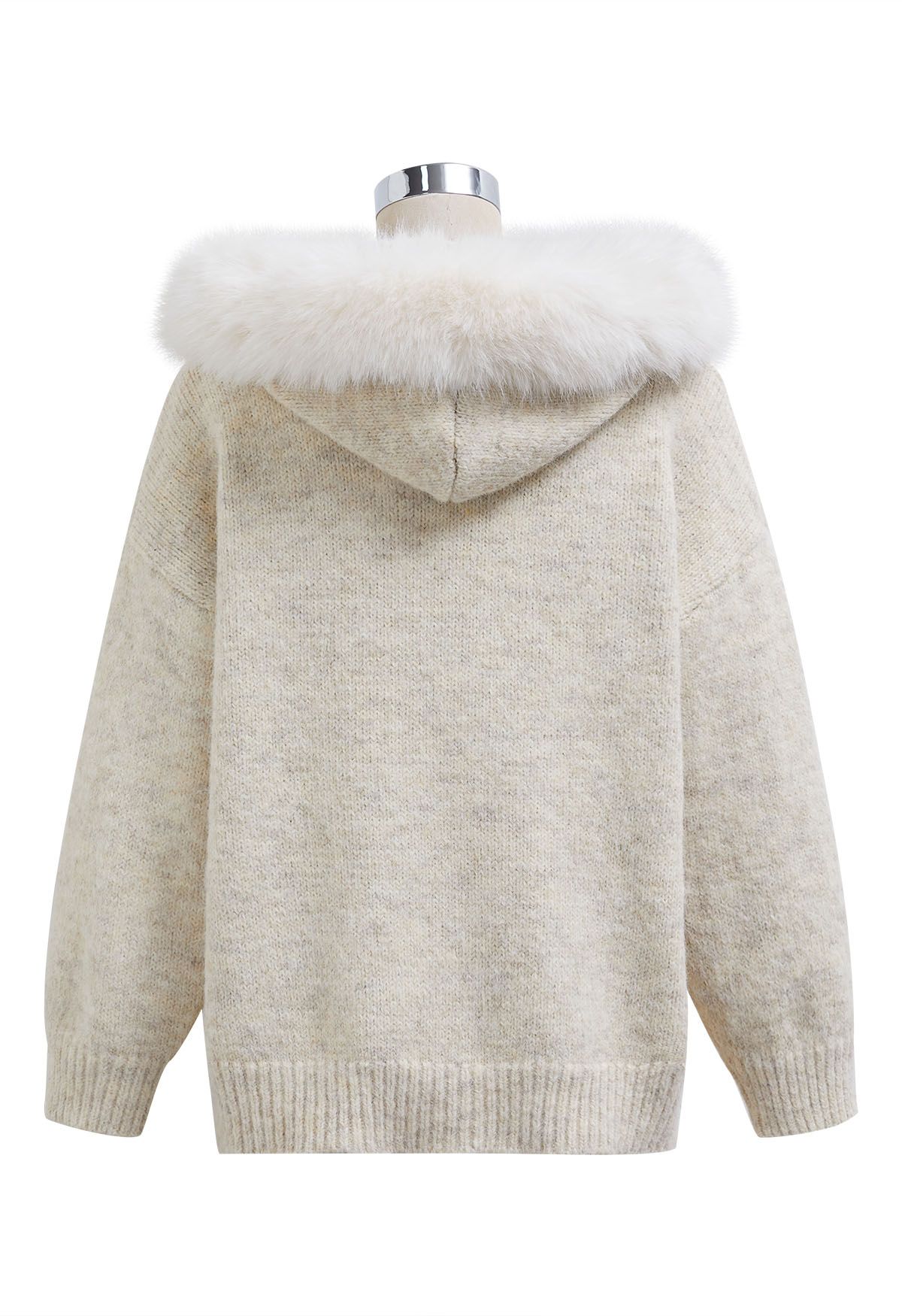 Stitch Rose Button Faux Fur Hooded Knit Cardigan in Oatmeal