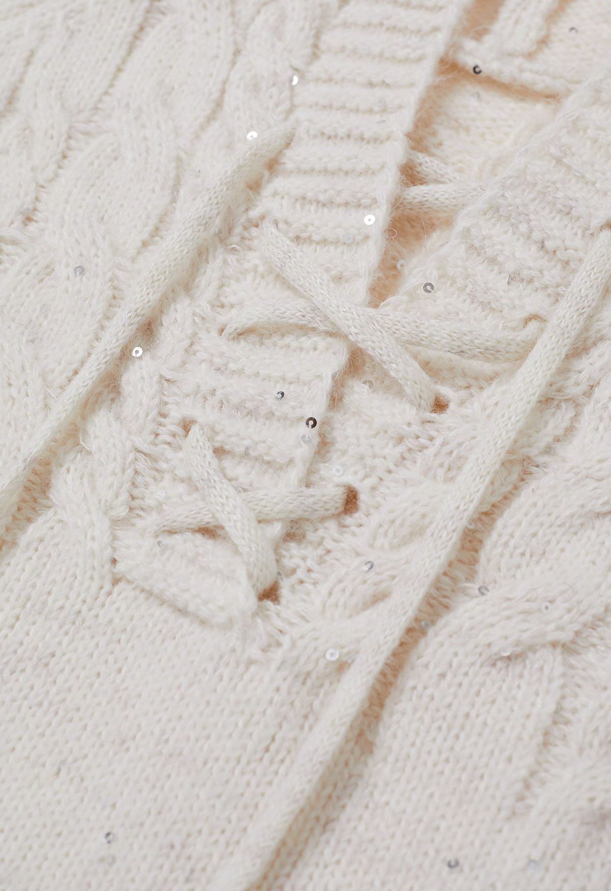 Lace-Up Hooded Braid Knit Sweater in White