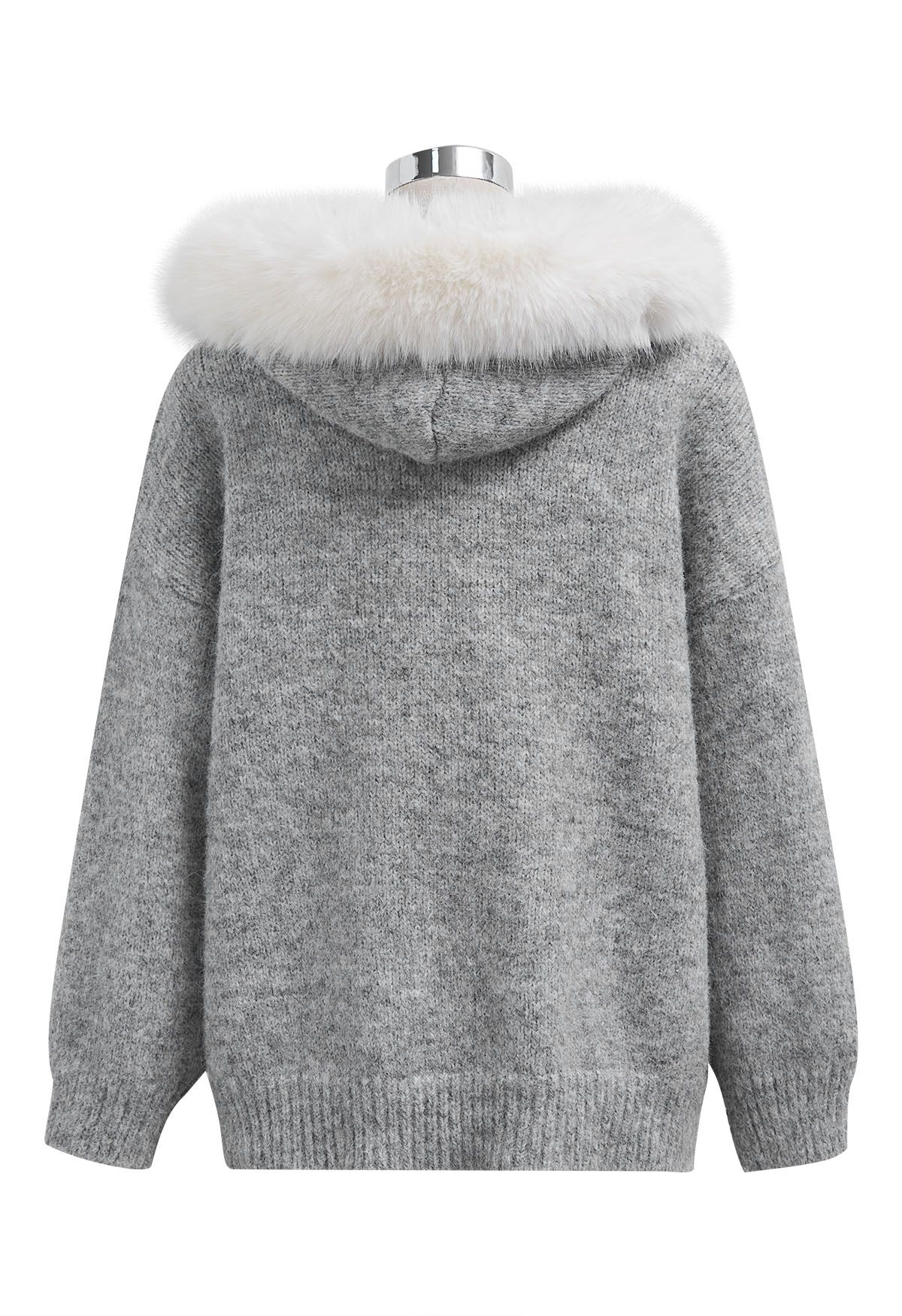 Stitch Rose Button Faux Fur Hooded Knit Cardigan in Grey