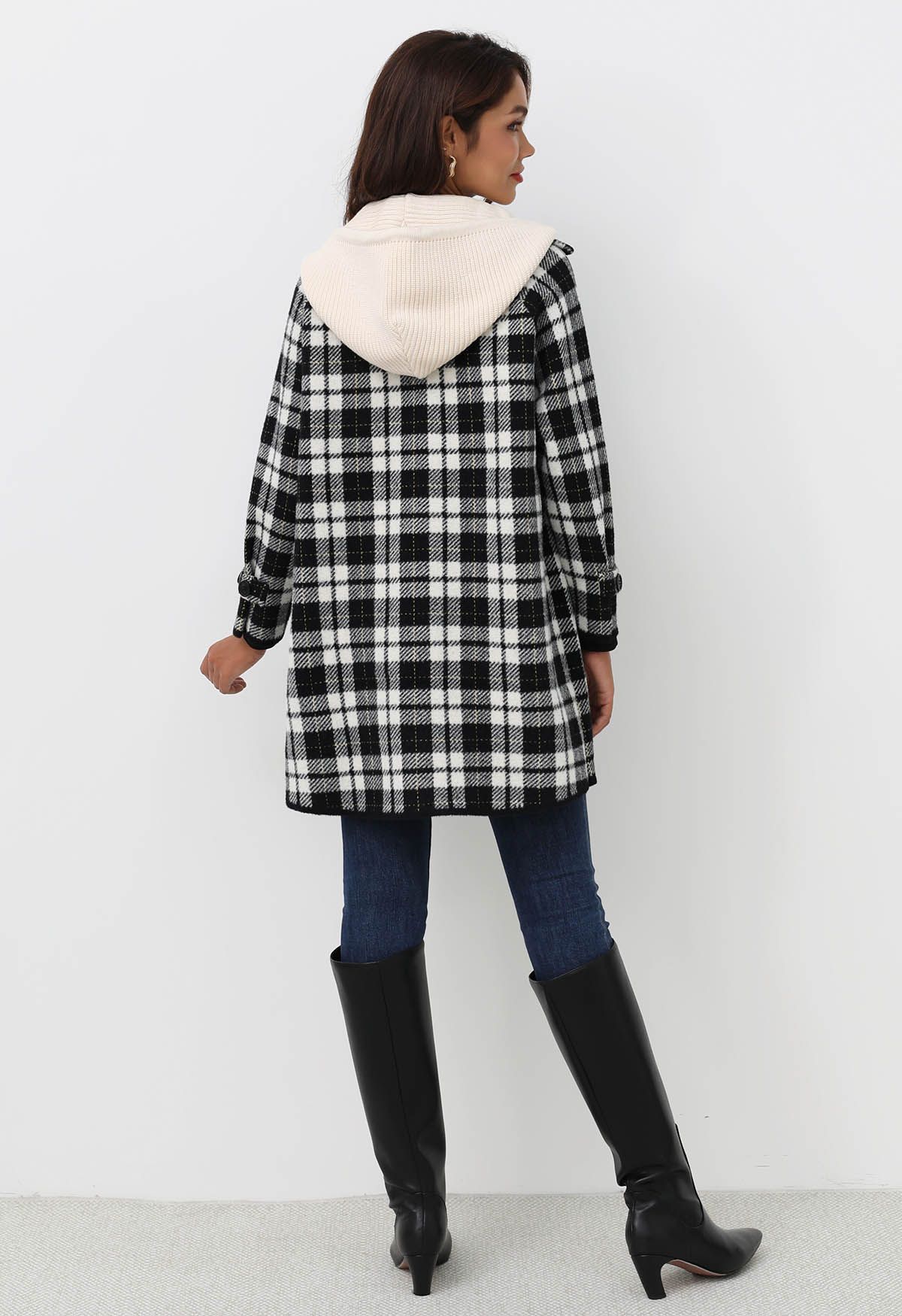 Detachable Hooded Collared Button Down Knit Coat in Plaid