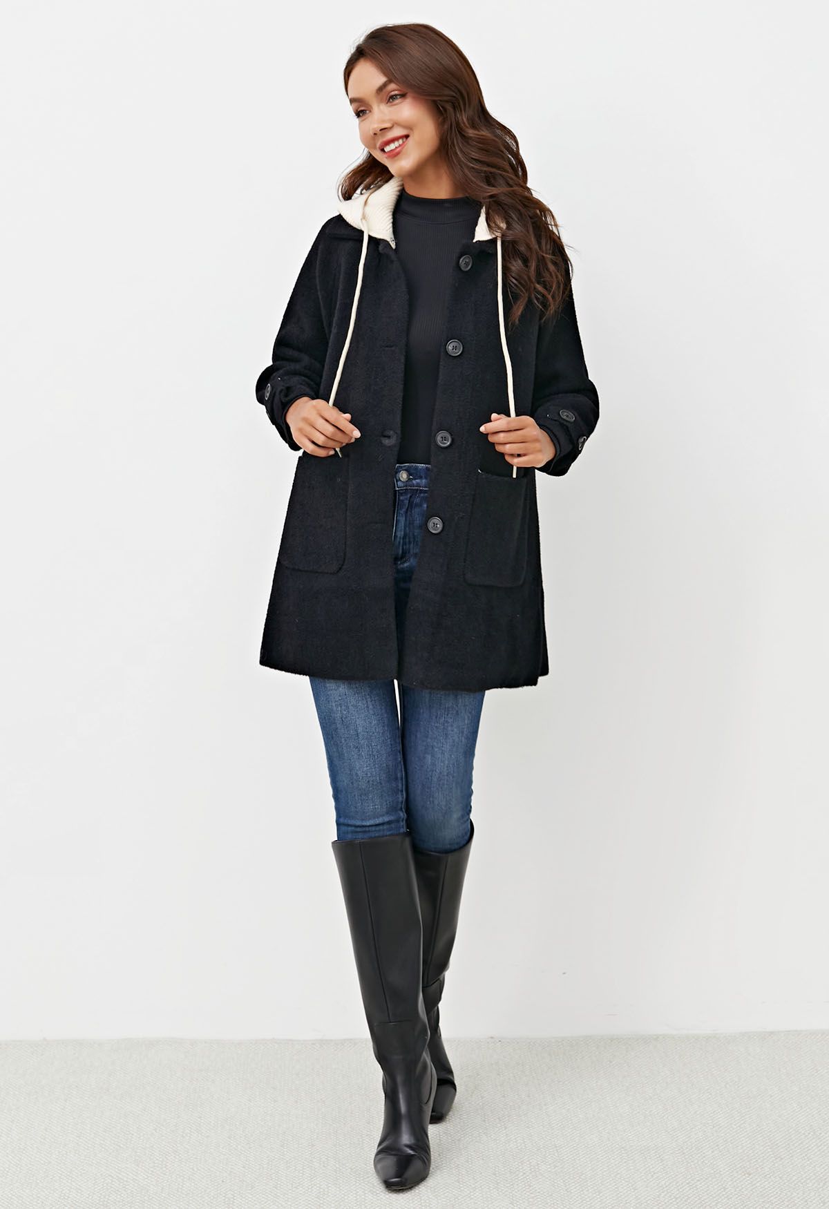 Detachable Hooded Collared Button Down Knit Coat in Black