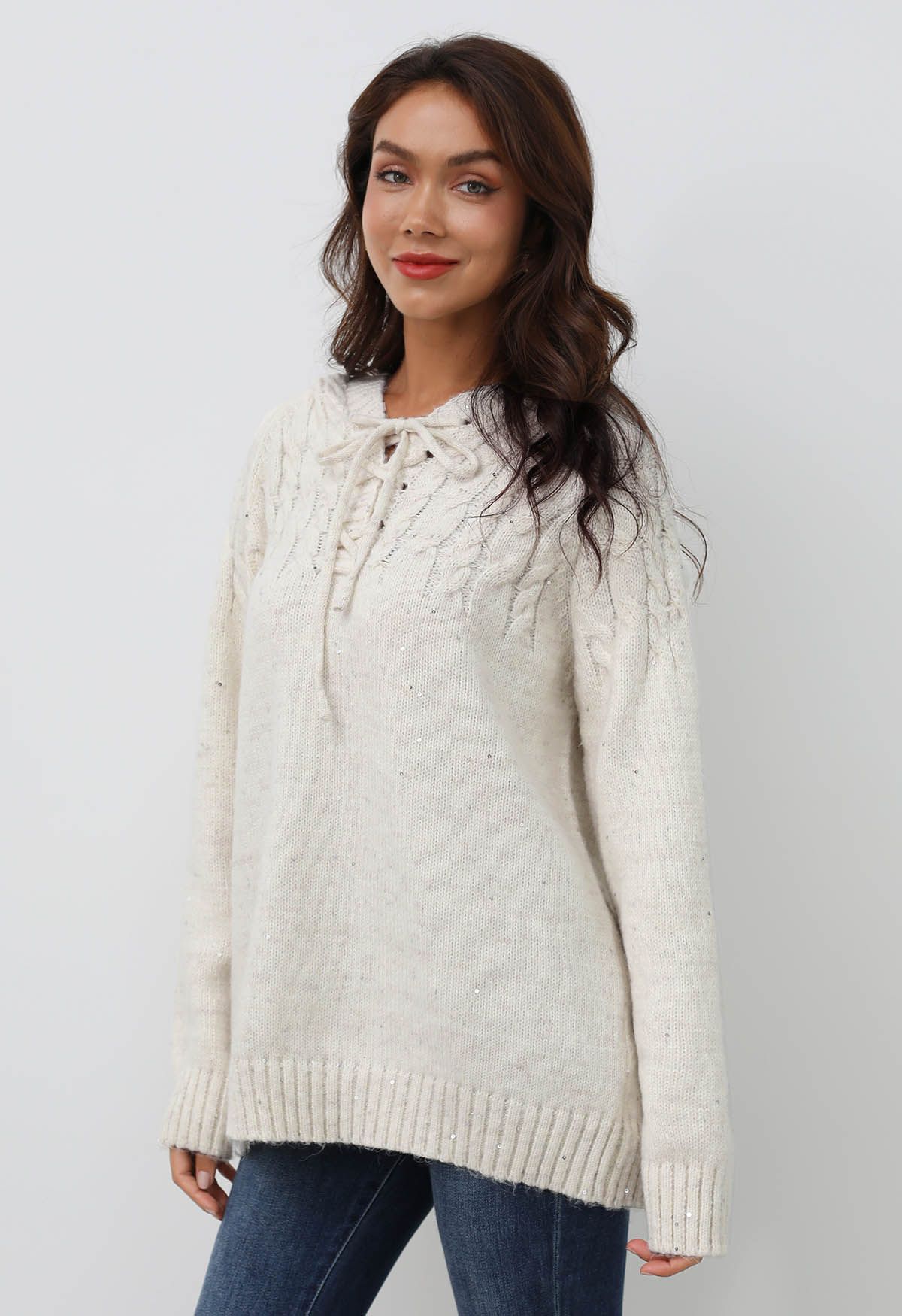 Lace-Up Hooded Braid Knit Sweater in White