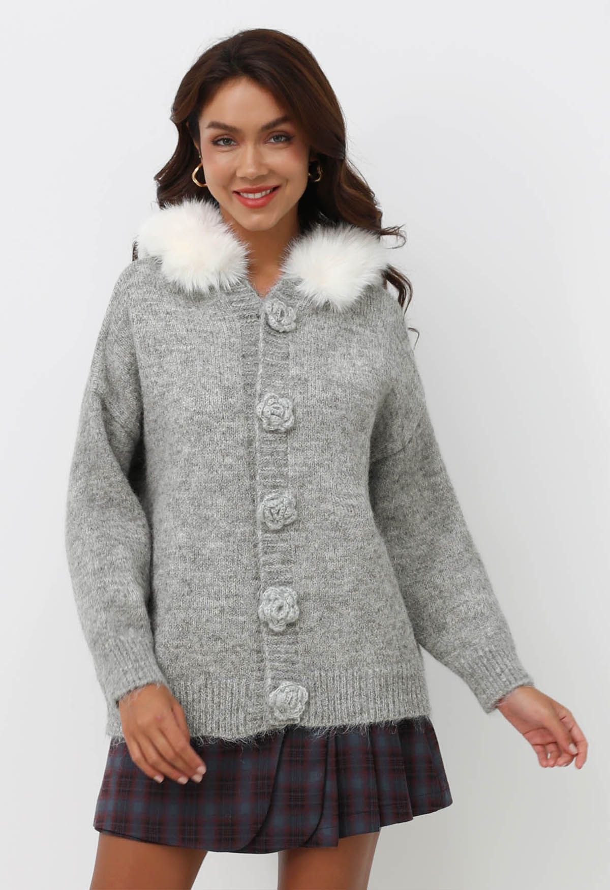 Stitch Rose Button Faux Fur Hooded Knit Cardigan in Grey