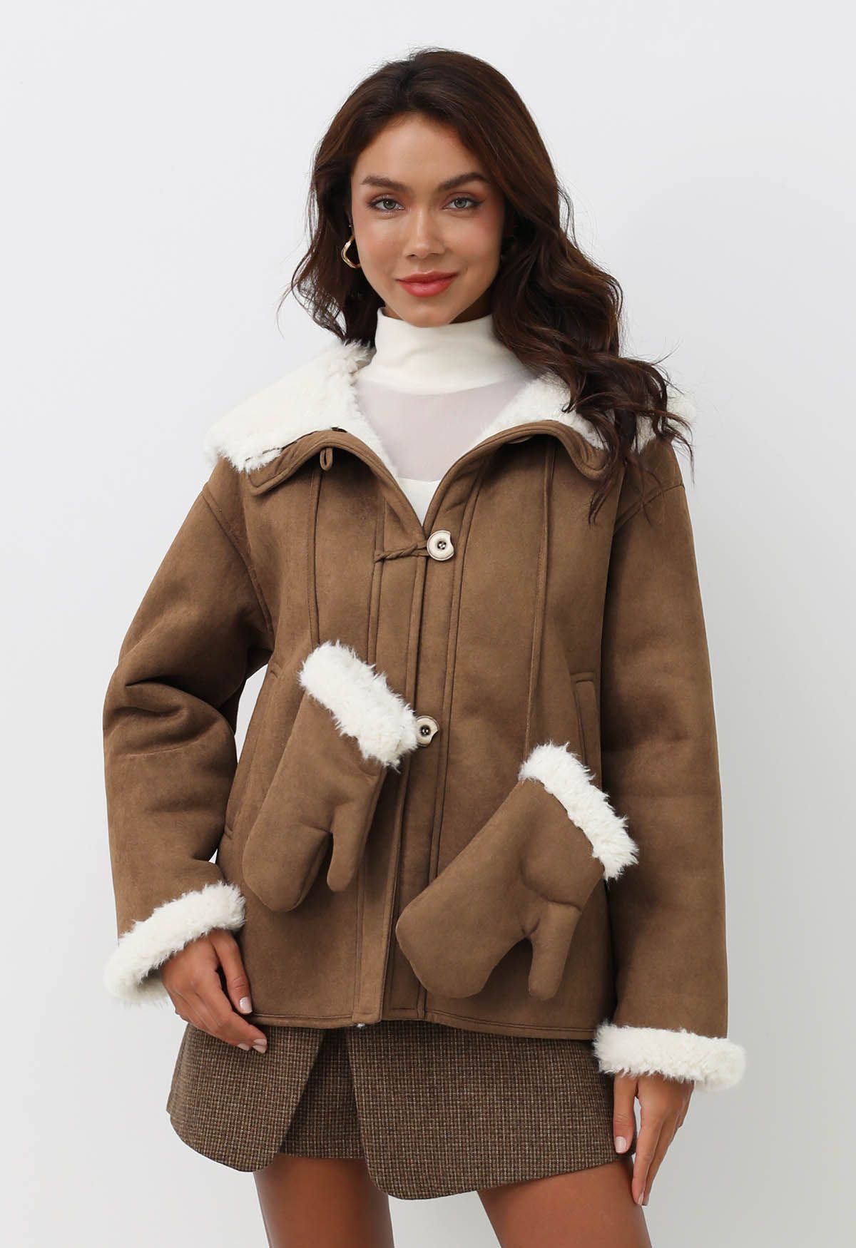 Faux Suede and Fur Hooded Coat with Gloves