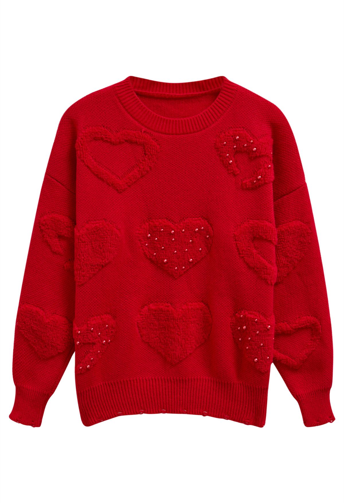 Pearl Trim Heart Jacquard Oversized Knit Sweater in Red