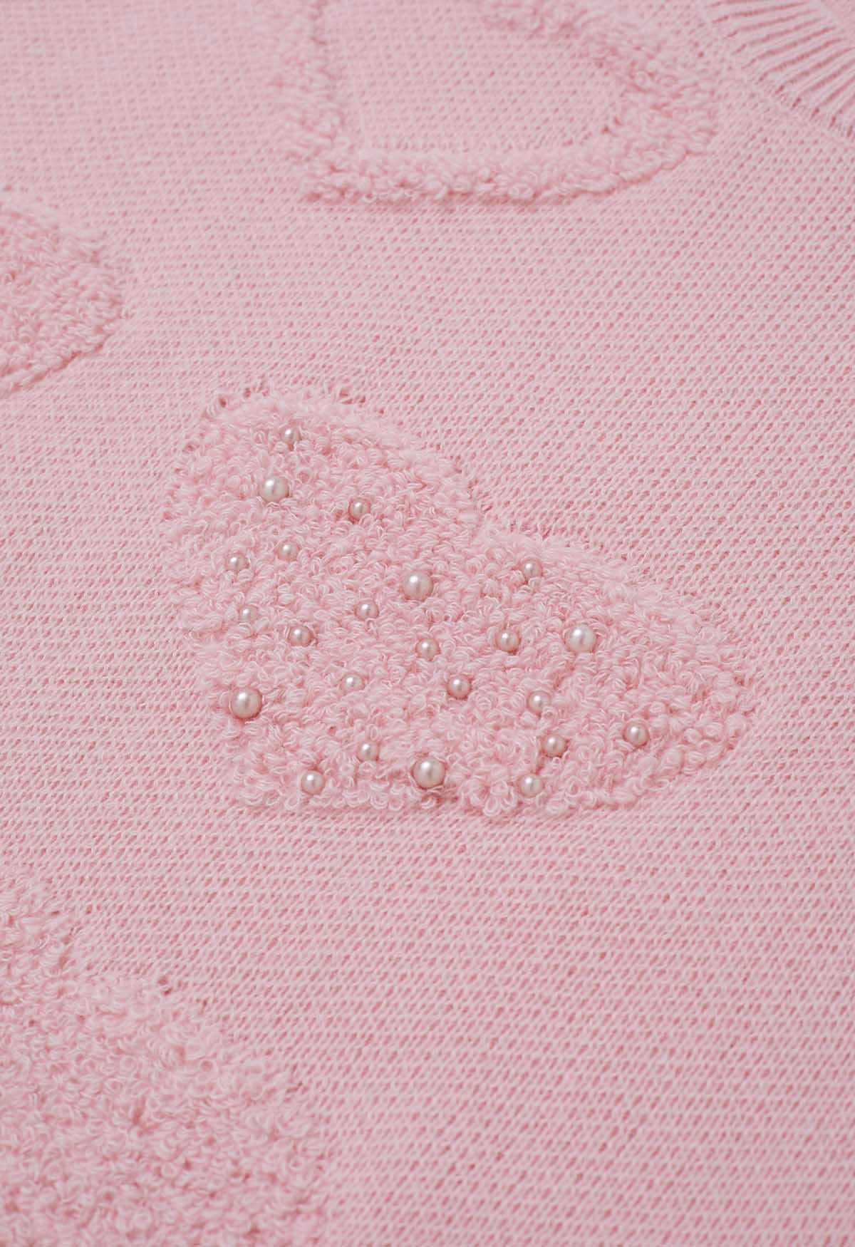 Pearl Trim Heart Jacquard Oversized Knit Sweater in Pink