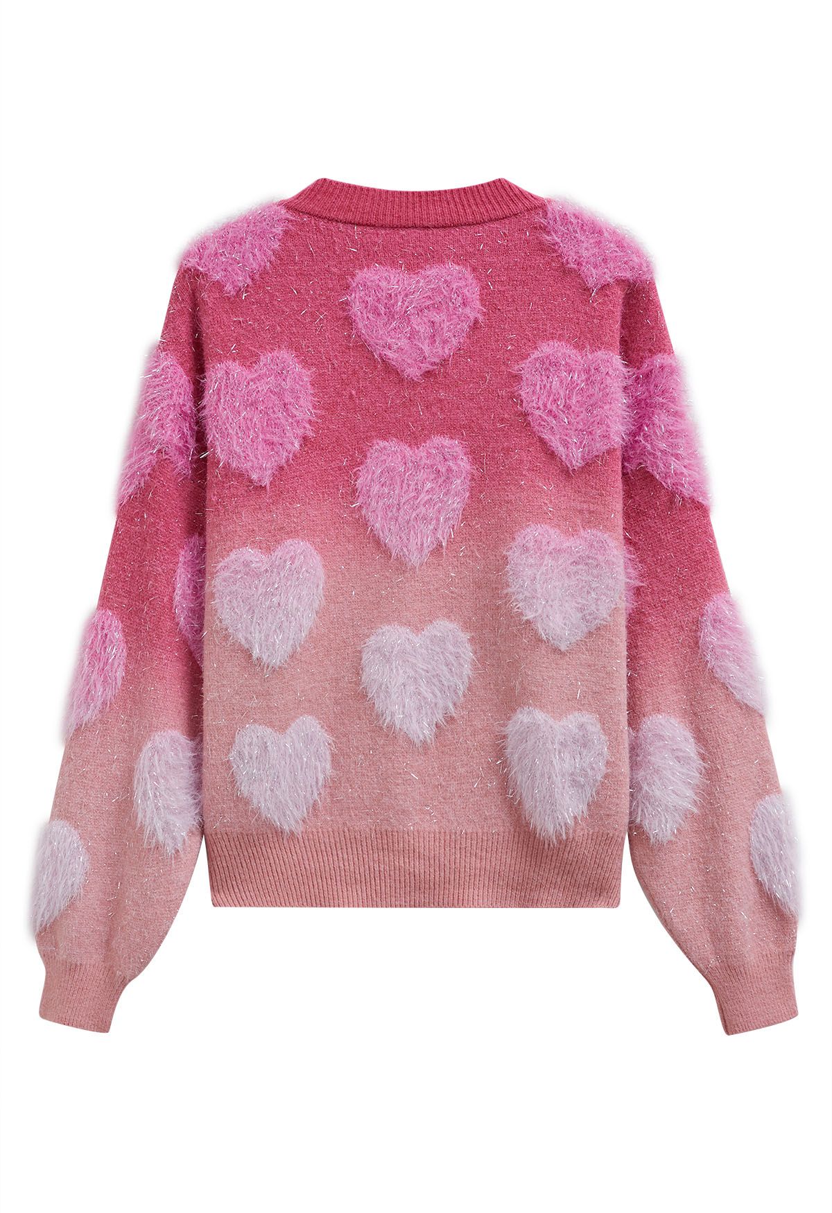 Ombre Fuzzy Heart Fringe Knit Sweater in Pink