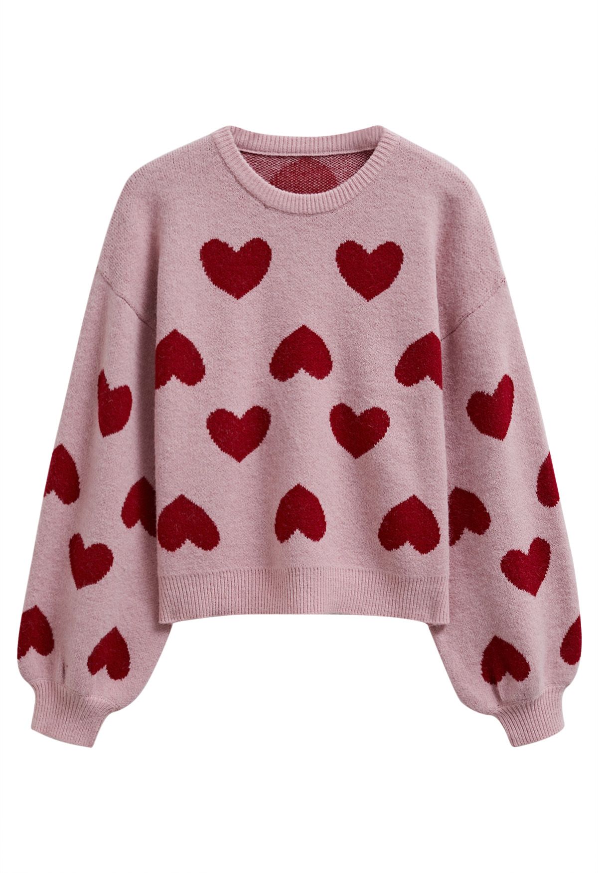 Cherished Heart Puff Sleeves Knit Sweater in Dusty Pink