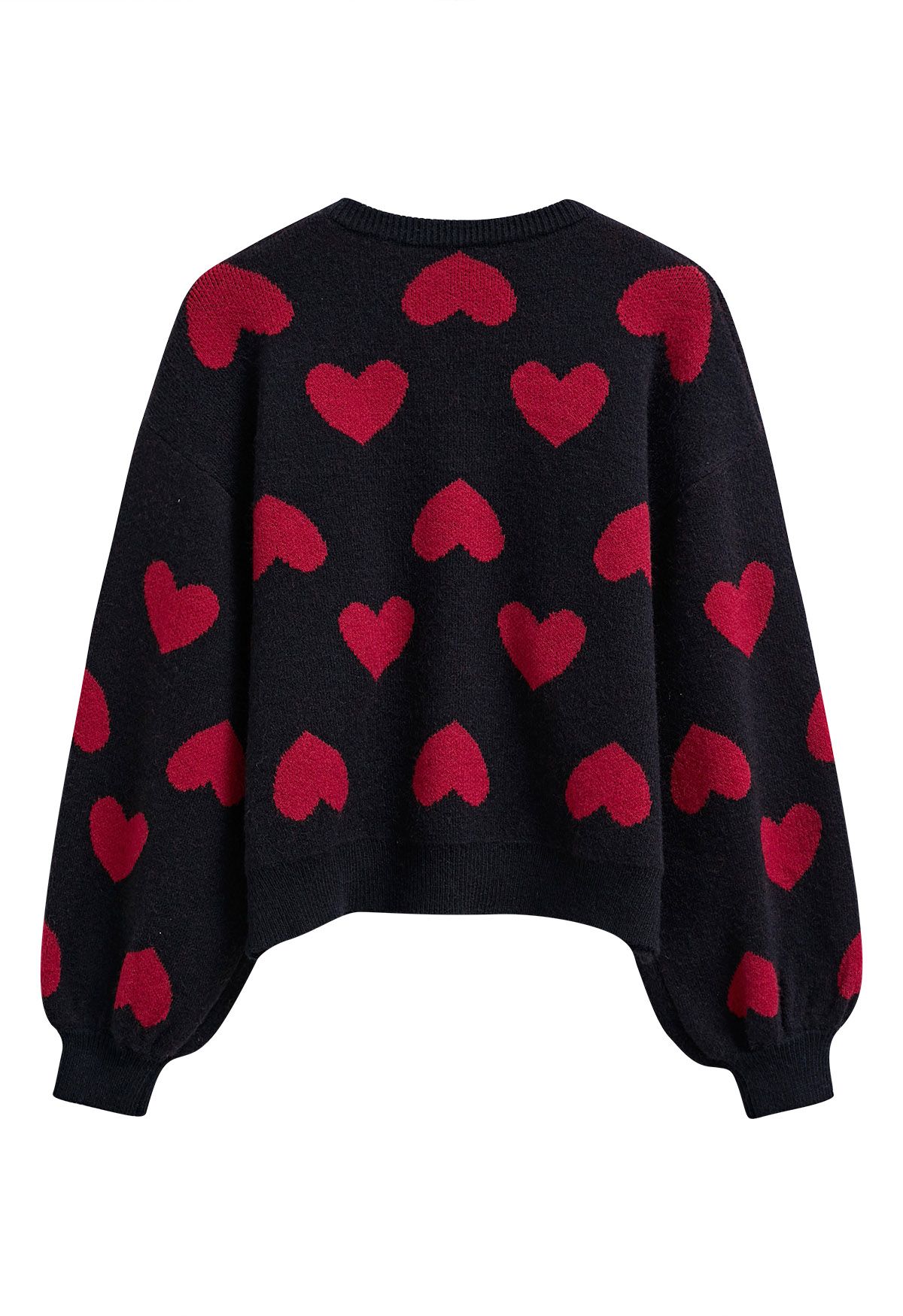 Cherished Heart Puff Sleeves Knit Sweater in Black