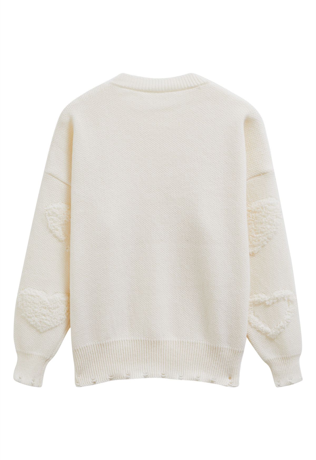 Pearl Trim Heart Jacquard Oversized Knit Sweater in Ivory