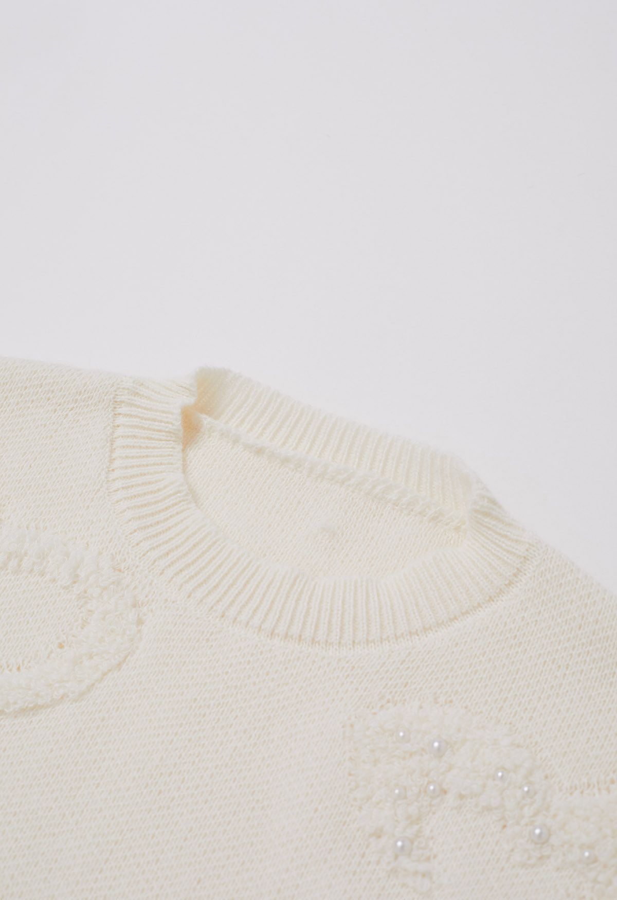 Pearl Trim Heart Jacquard Oversized Knit Sweater in Ivory