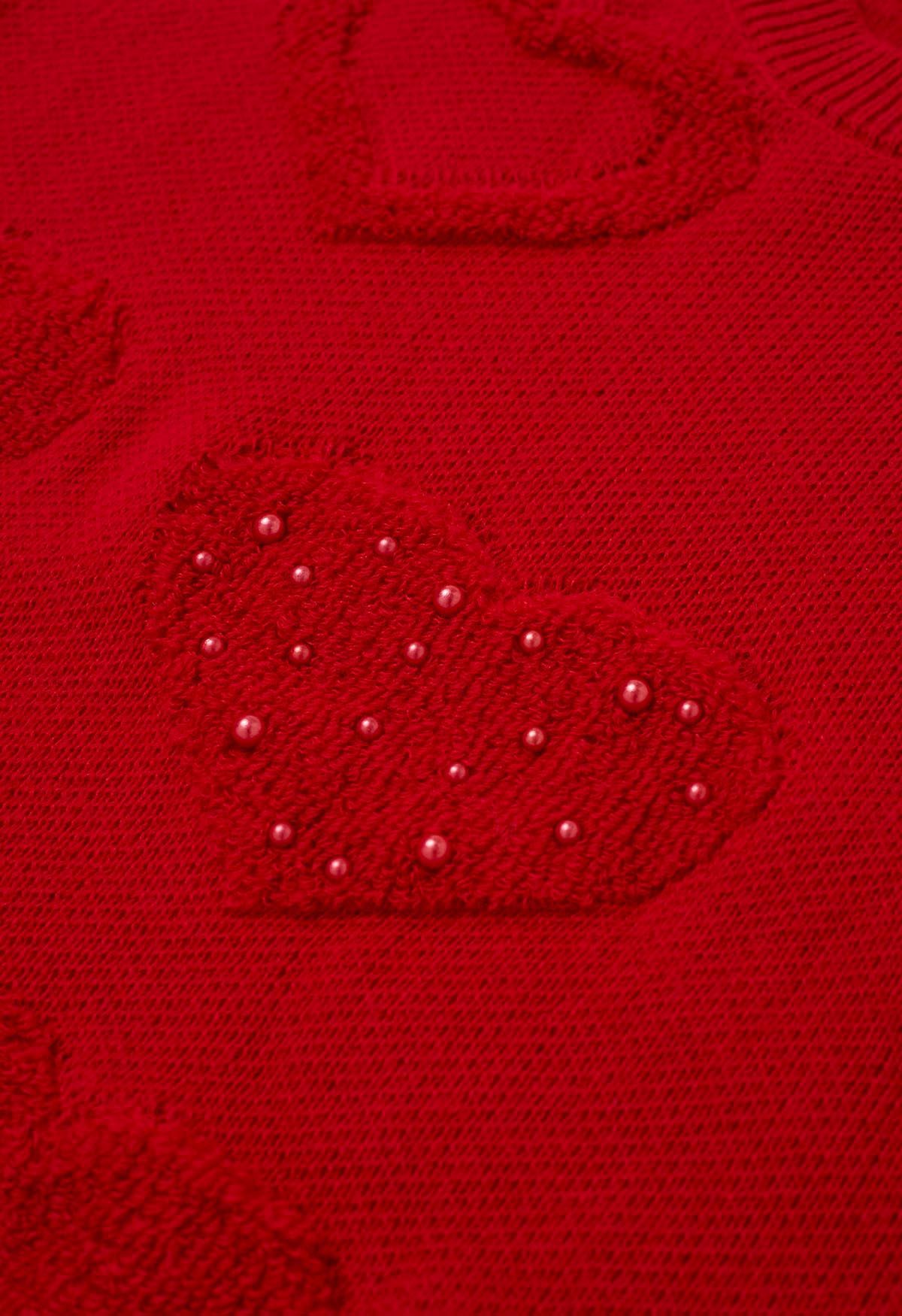 Pearl Trim Heart Jacquard Oversized Knit Sweater in Red