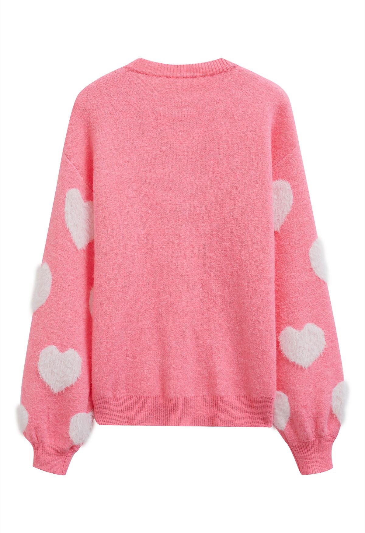 Contrast Fuzzy Heart Crew Neck Knit Sweater in Candy Pink