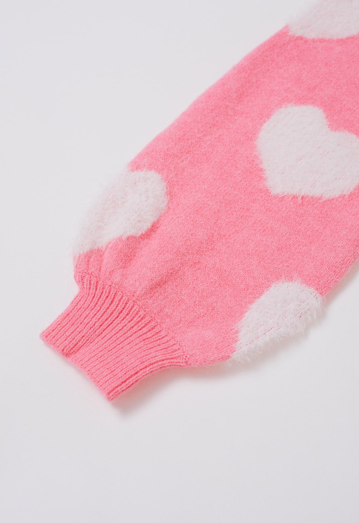 Contrast Fuzzy Heart Crew Neck Knit Sweater in Candy Pink