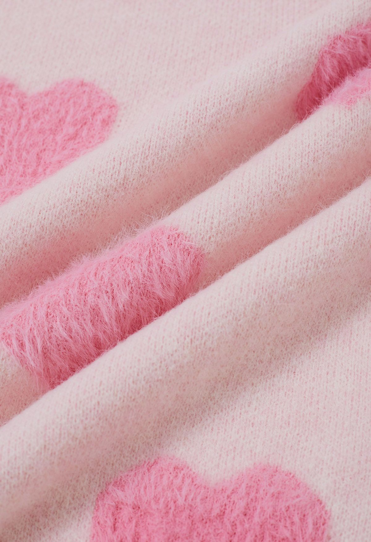 Contrast Fuzzy Heart Crew Neck Knit Sweater in Light Pink