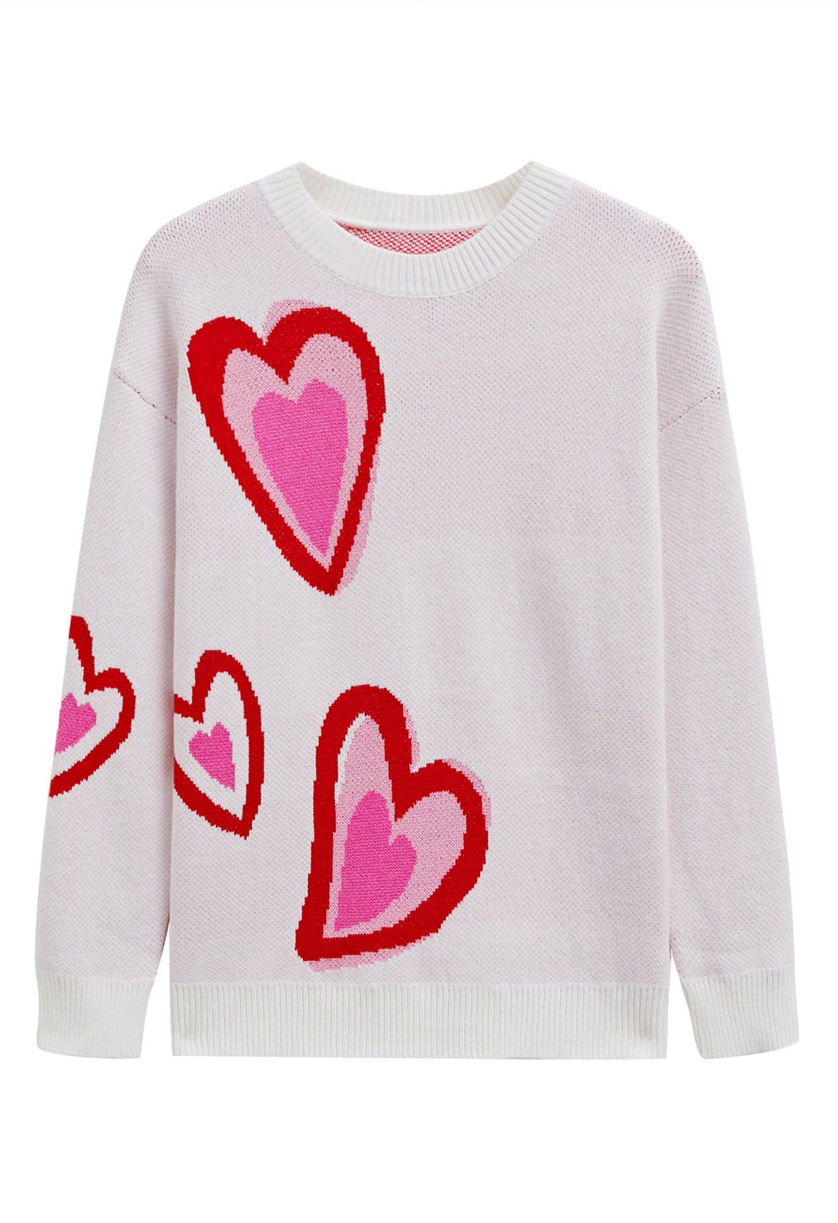 Heart Fluttering Crew Neck Knit Sweater in White