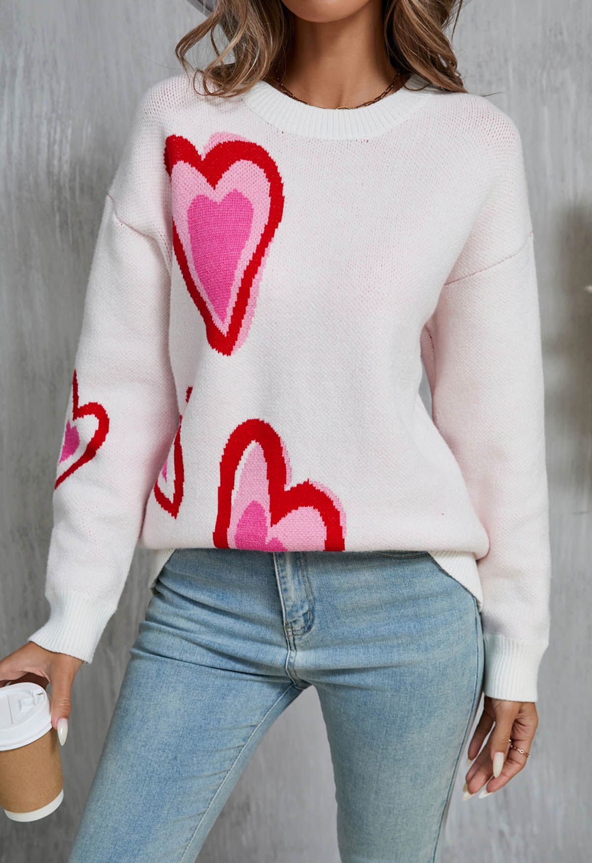 Heart Fluttering Crew Neck Knit Sweater in White