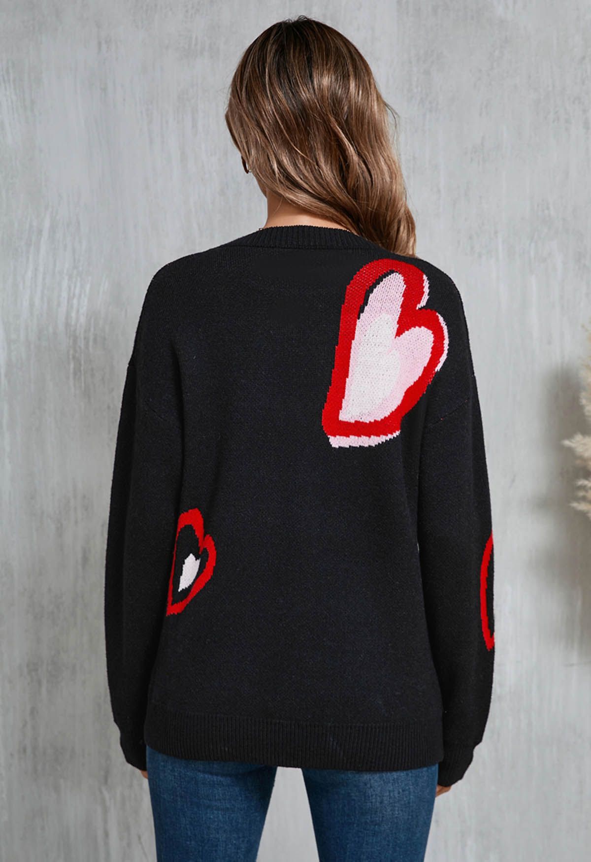 Heart Fluttering Crew Neck Knit Sweater in Black