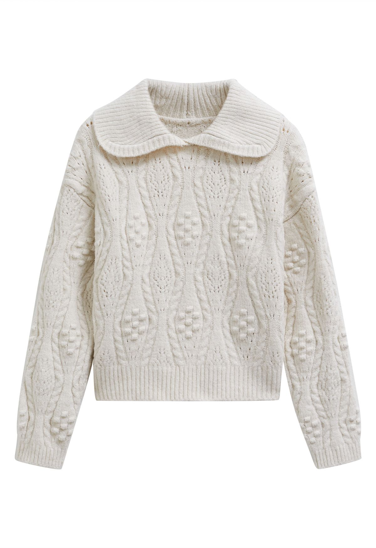 Embossed Dots Collared Knit Sweater in Ivory