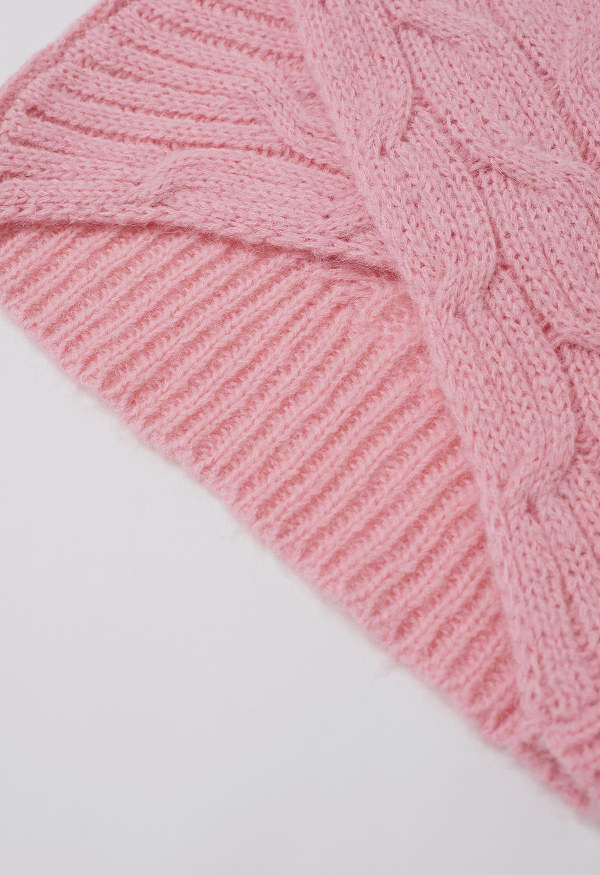 Lace Trim Crisscross Cable-Knit Sweater in Pink