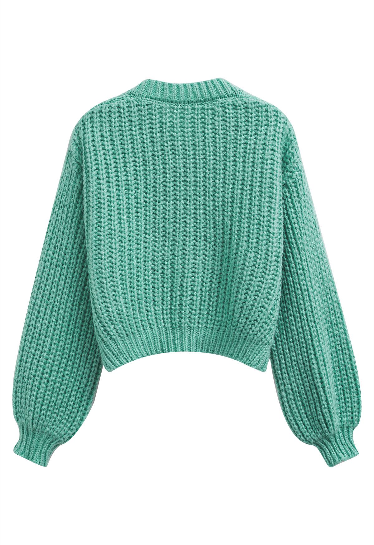 Puff Sleeves Buttoned Crop Chunky Knit Cardigan in Turquoise