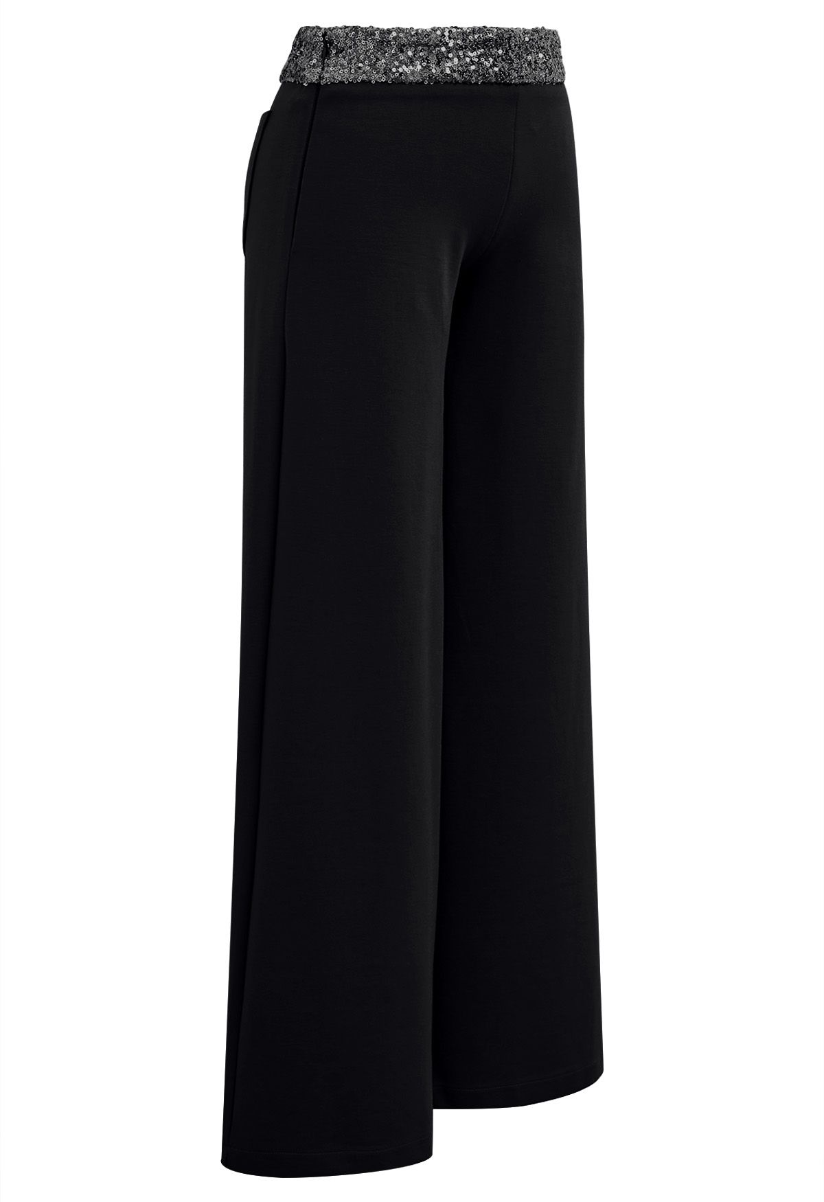 Sequin Accented Waist Straight-Leg Pants in Black