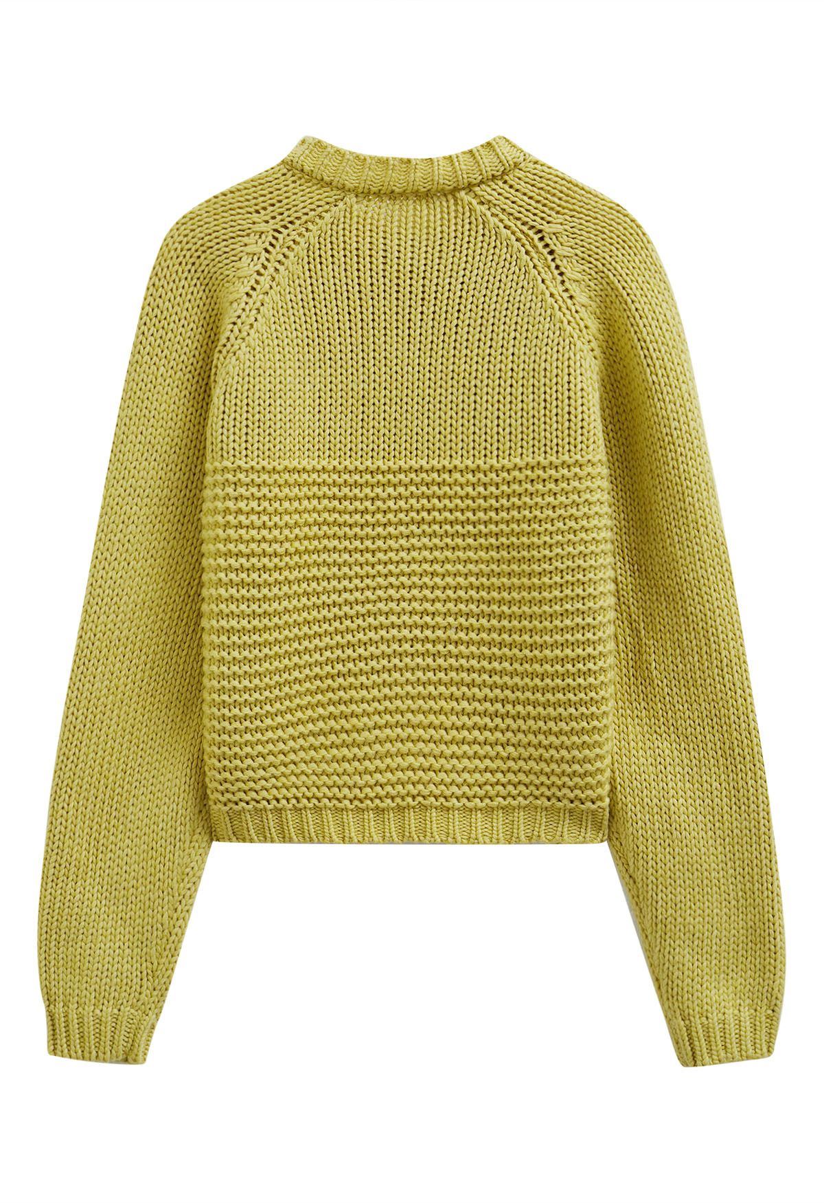 Chunky Buttoned Garter Stitch Knit Cardigan in Lime