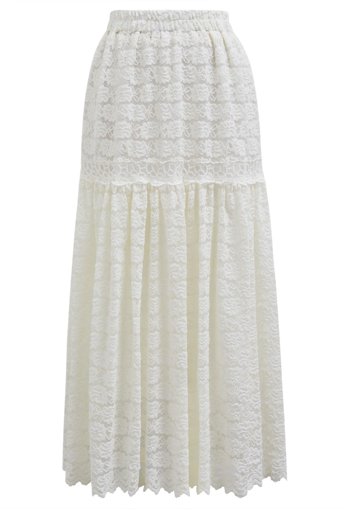 Full Floral Lace Scalloped Hem Maxi Skirt in Cream