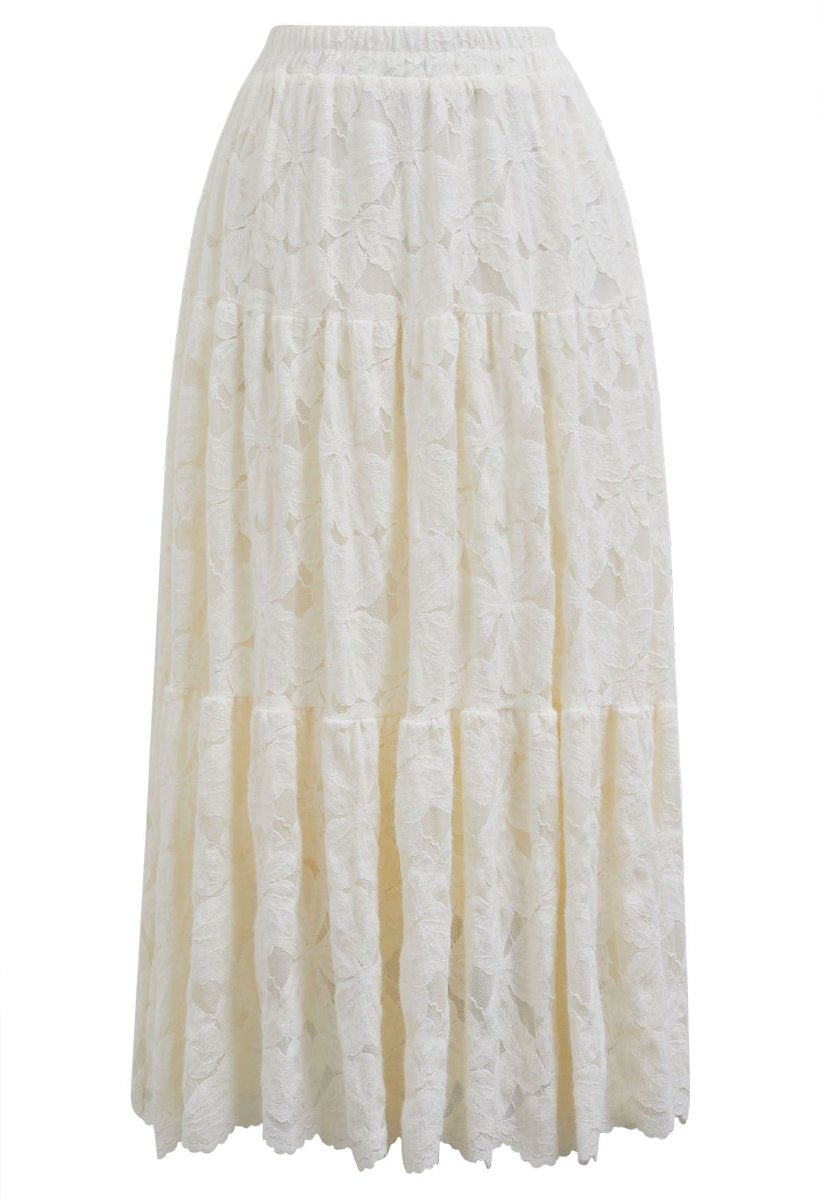 Fuzzy Floral Lace Midi Skirt in Cream