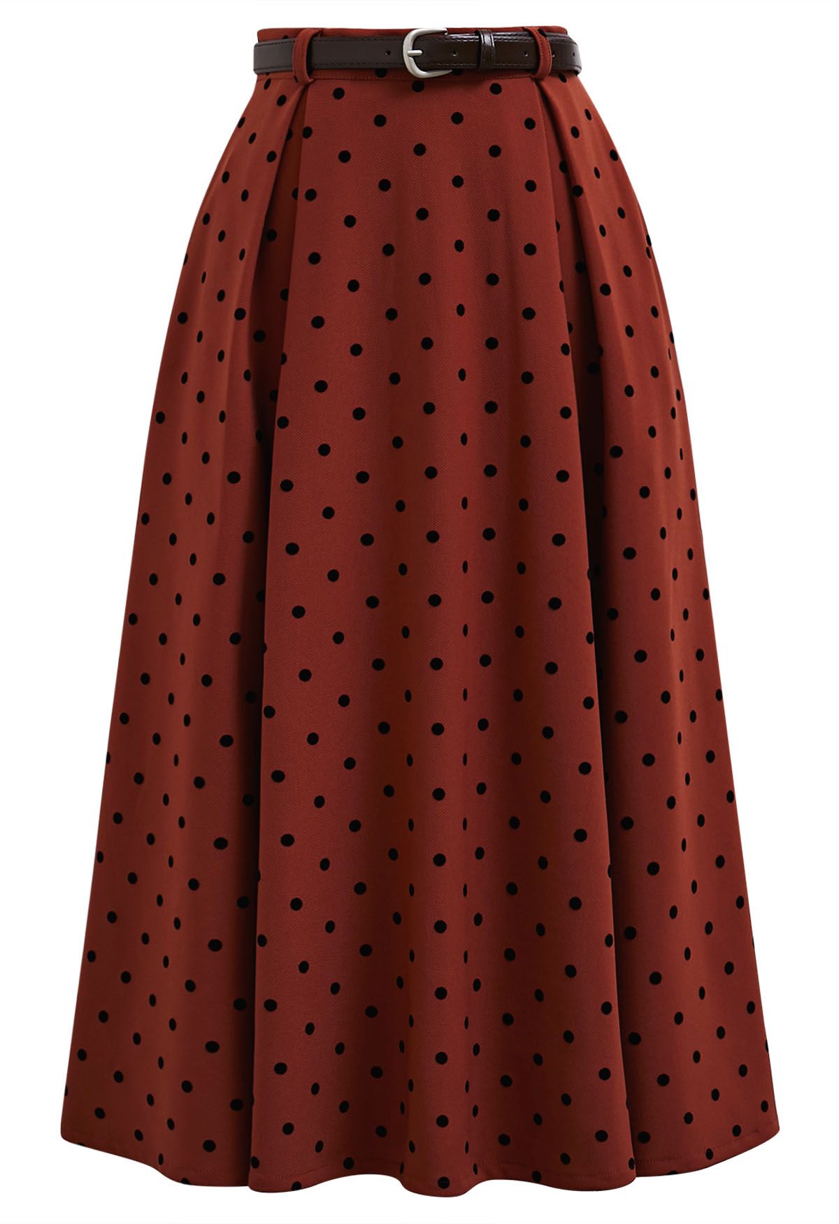 Velvet Polka Dot Belted A-Line Midi Skirt