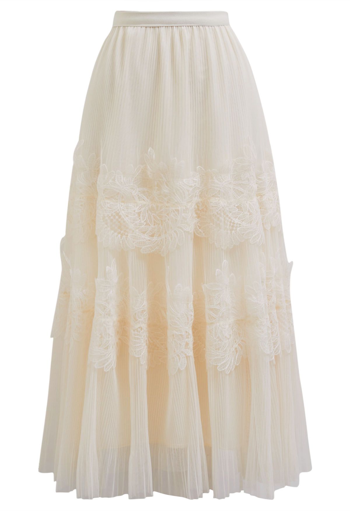 Embroidered Floral Double-Layered Mesh Maxi Skirt in Cream