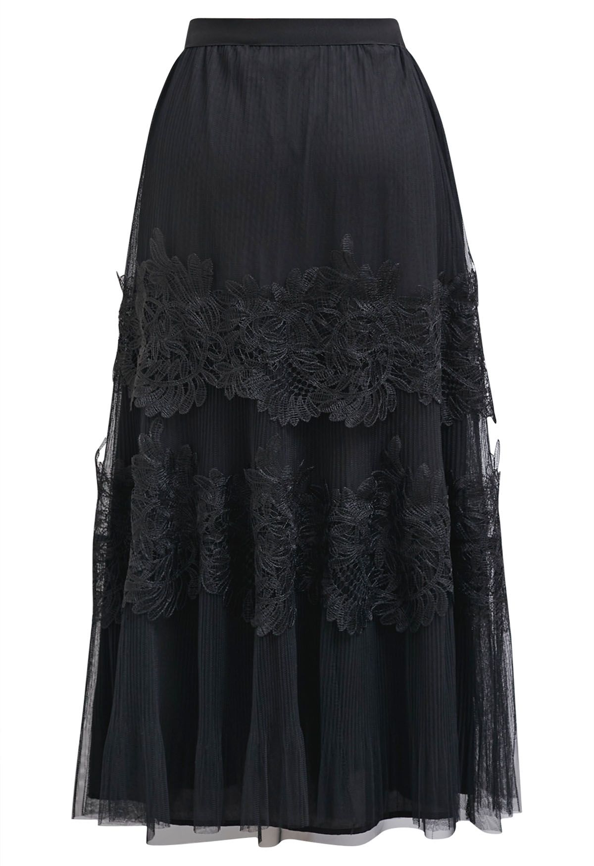 Embroidered Floral Double-Layered Mesh Maxi Skirt in Black