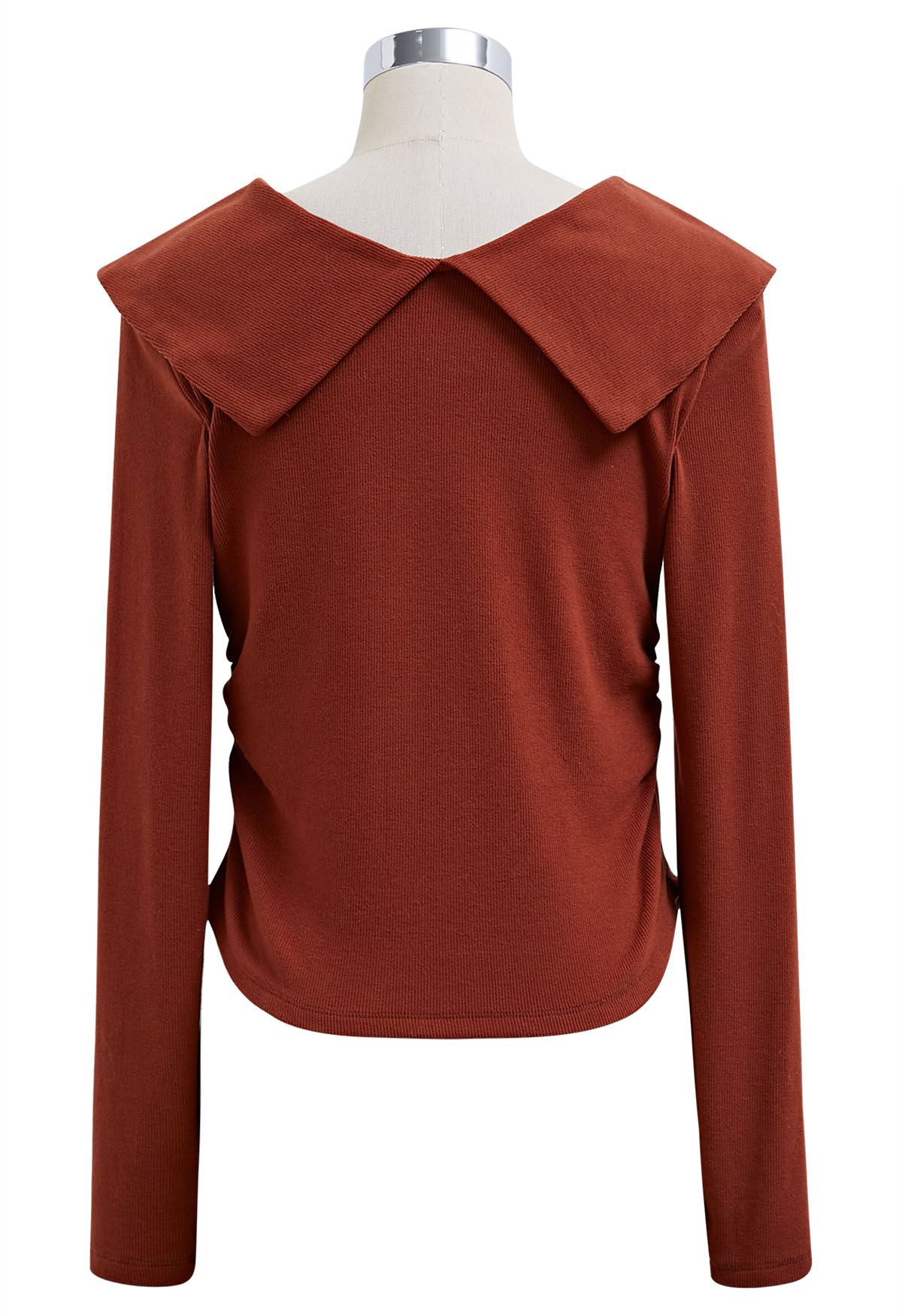 Flap Collar Ruched Side Long Sleeve Top in Rust Red