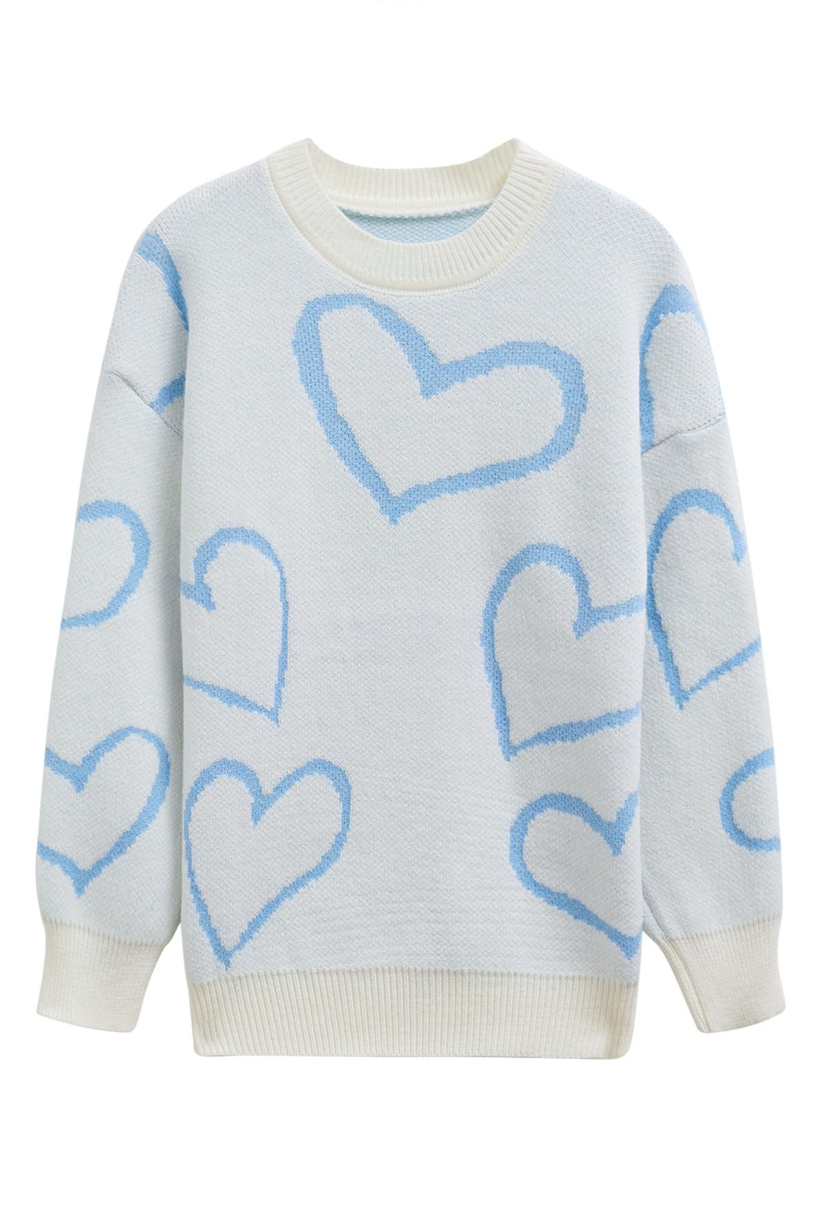 Lovable Heart Crew Neck Knit Sweater in Baby Blue