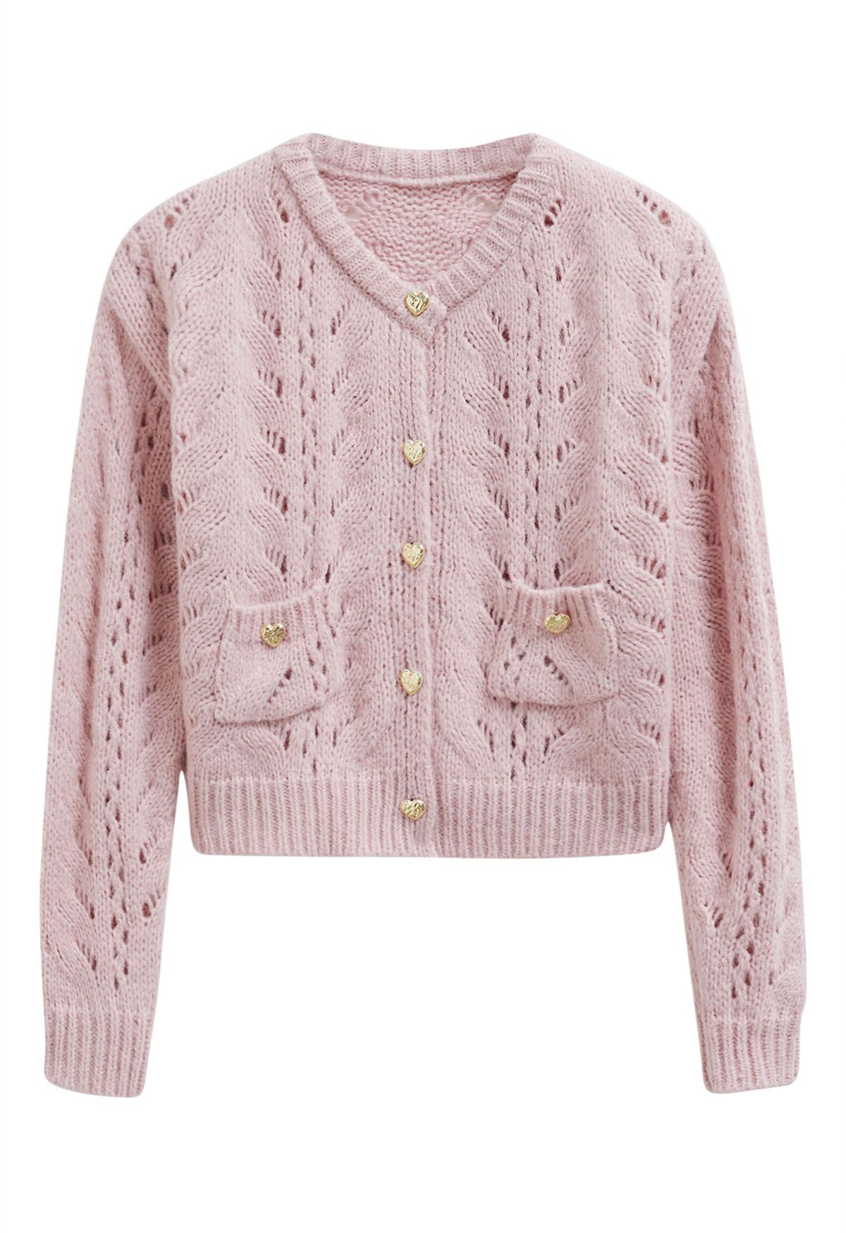 Heart Button Hollow Out Crop Knit Cardigan in Pink