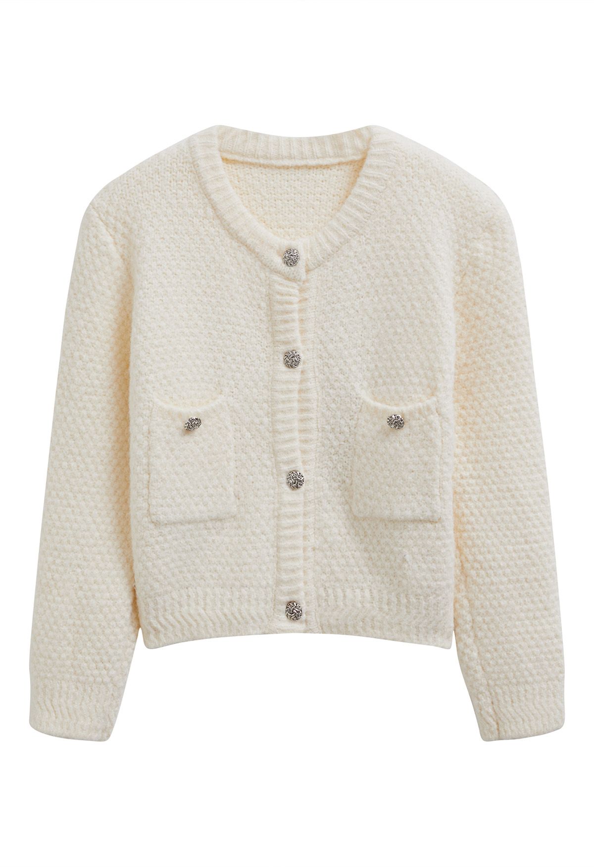 Patch Pocket Buttoned Waffle Knit Cardigan in Ivory