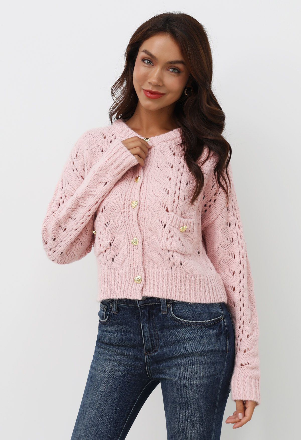 Heart Button Hollow Out Crop Knit Cardigan in Pink