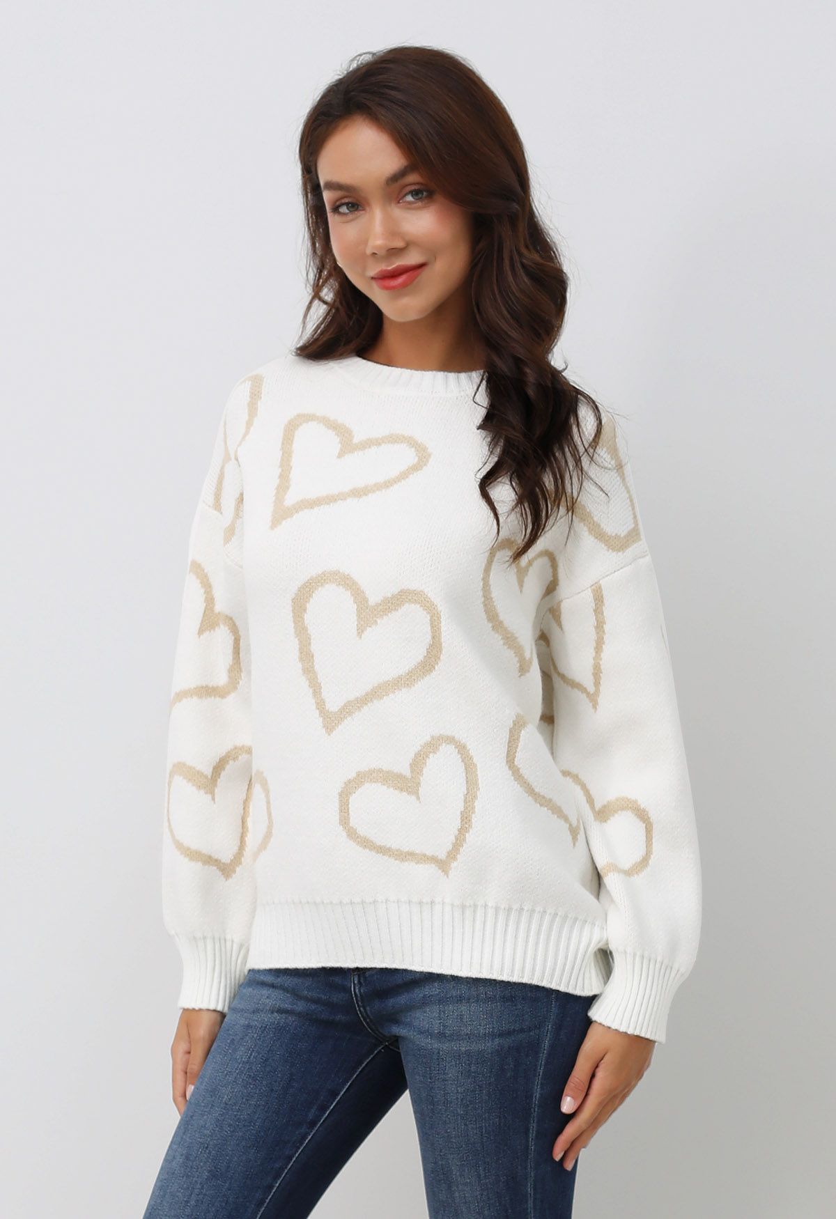 Lovable Heart Crew Neck Knit Sweater in White