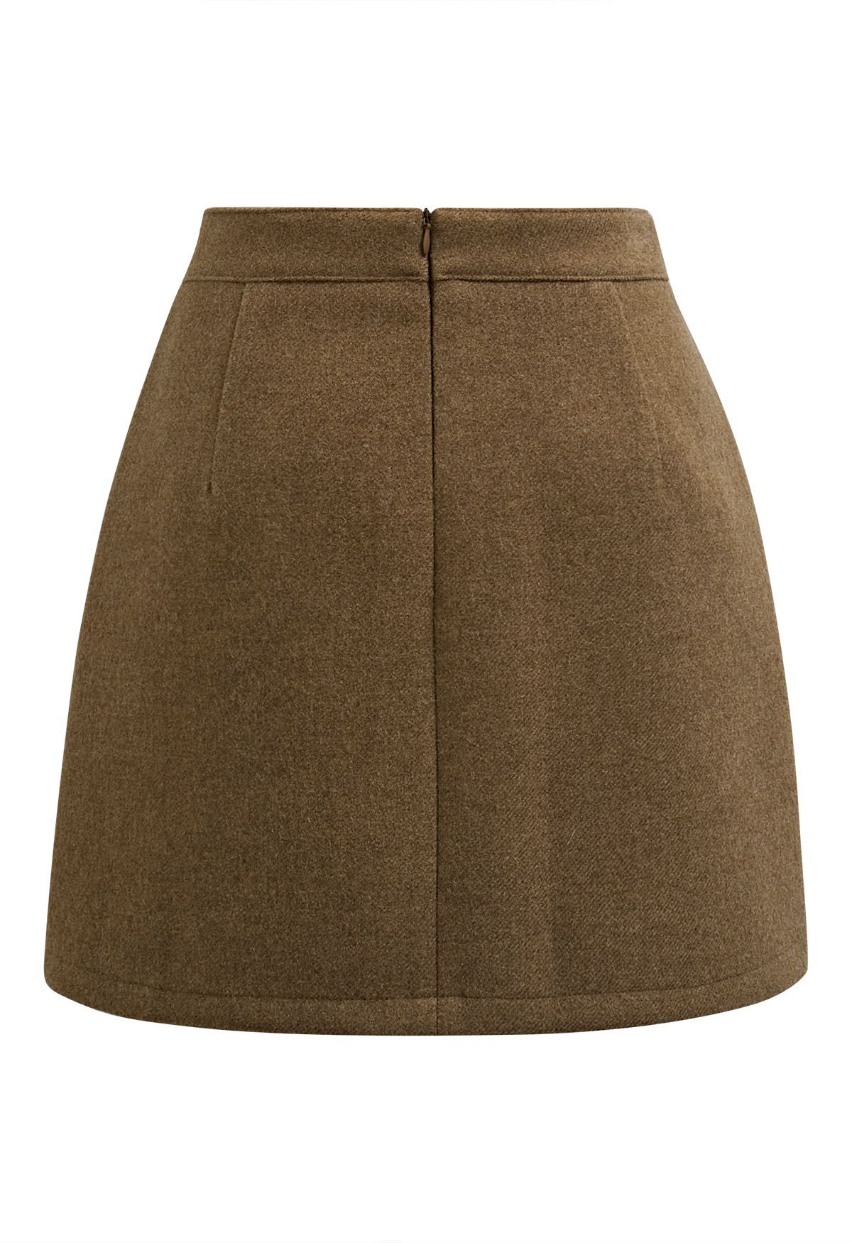 Retro Button Patch Pockets Mini Bud Skirt in Camel