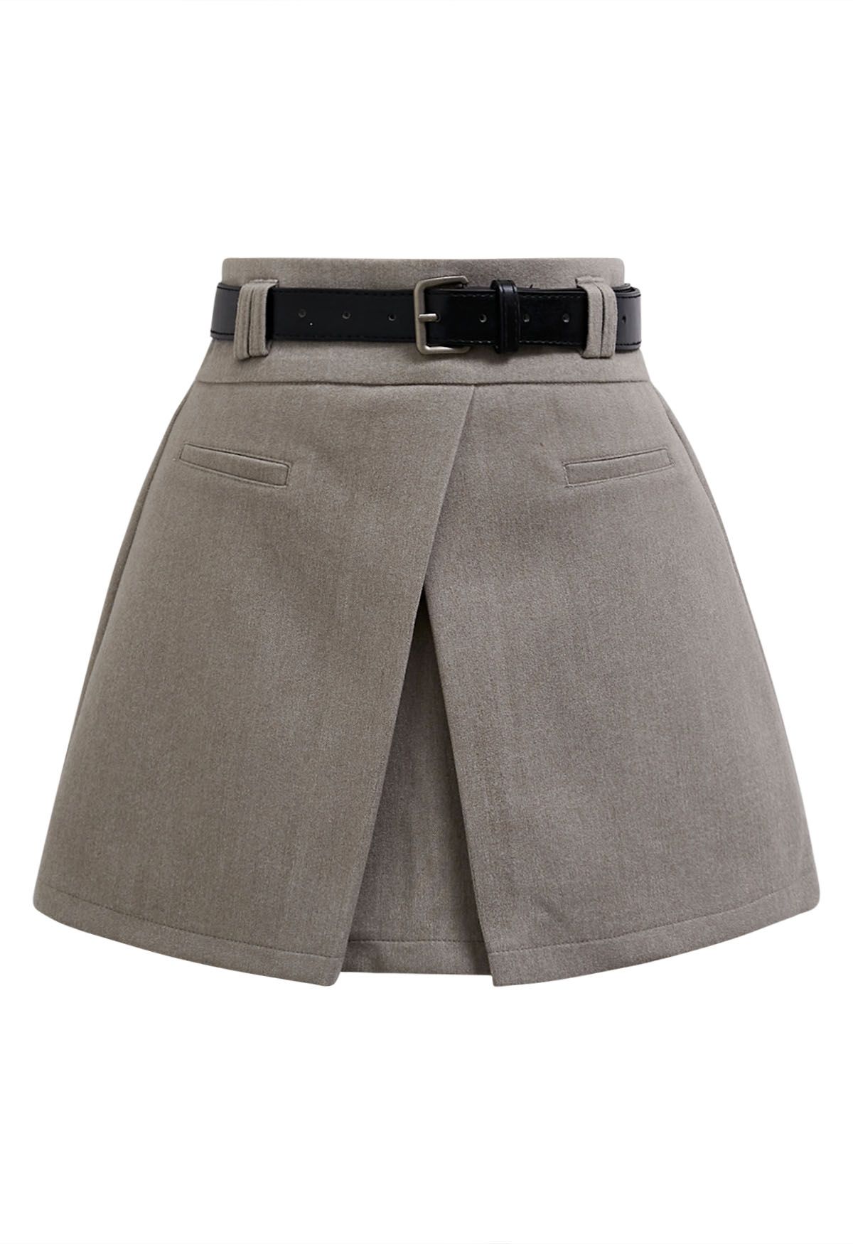 Fake Pockets Belted Flap Skorts in Taupe