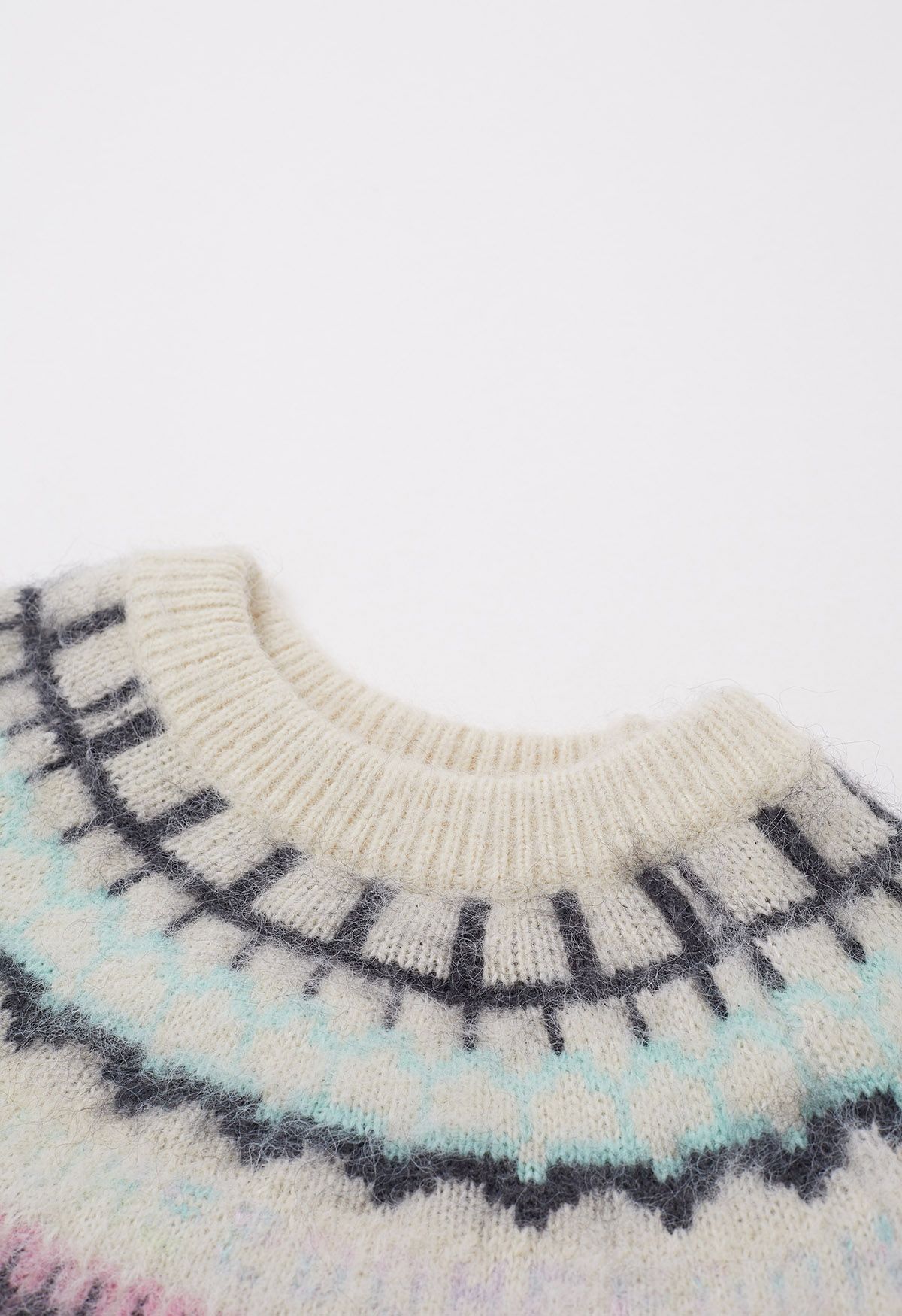 Multicolored Fair Isle Fuzzy Knit Sweater in Baby Blue