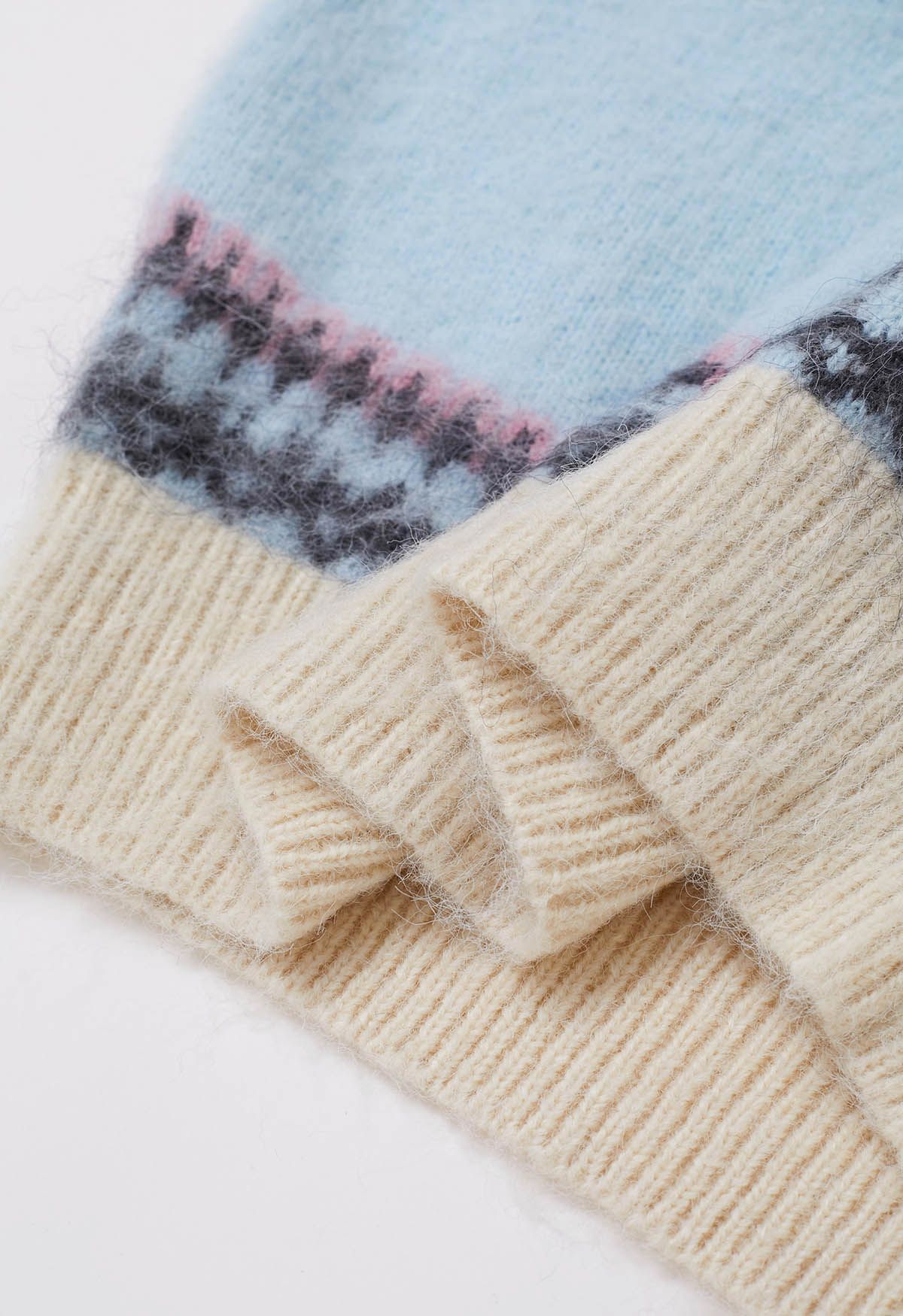 Multicolored Fair Isle Fuzzy Knit Sweater in Baby Blue