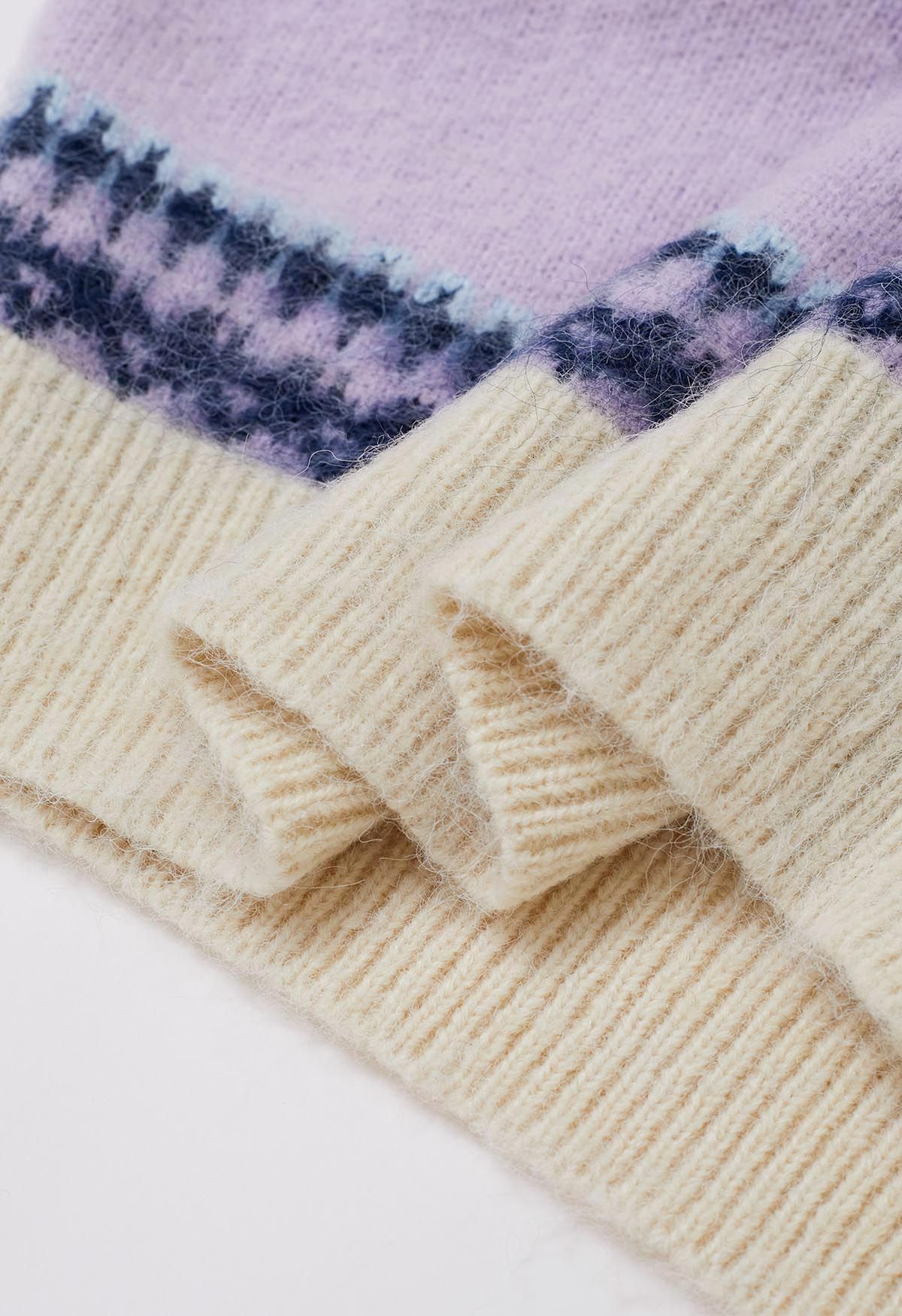 Multicolored Fair Isle Fuzzy Knit Sweater in Lilac