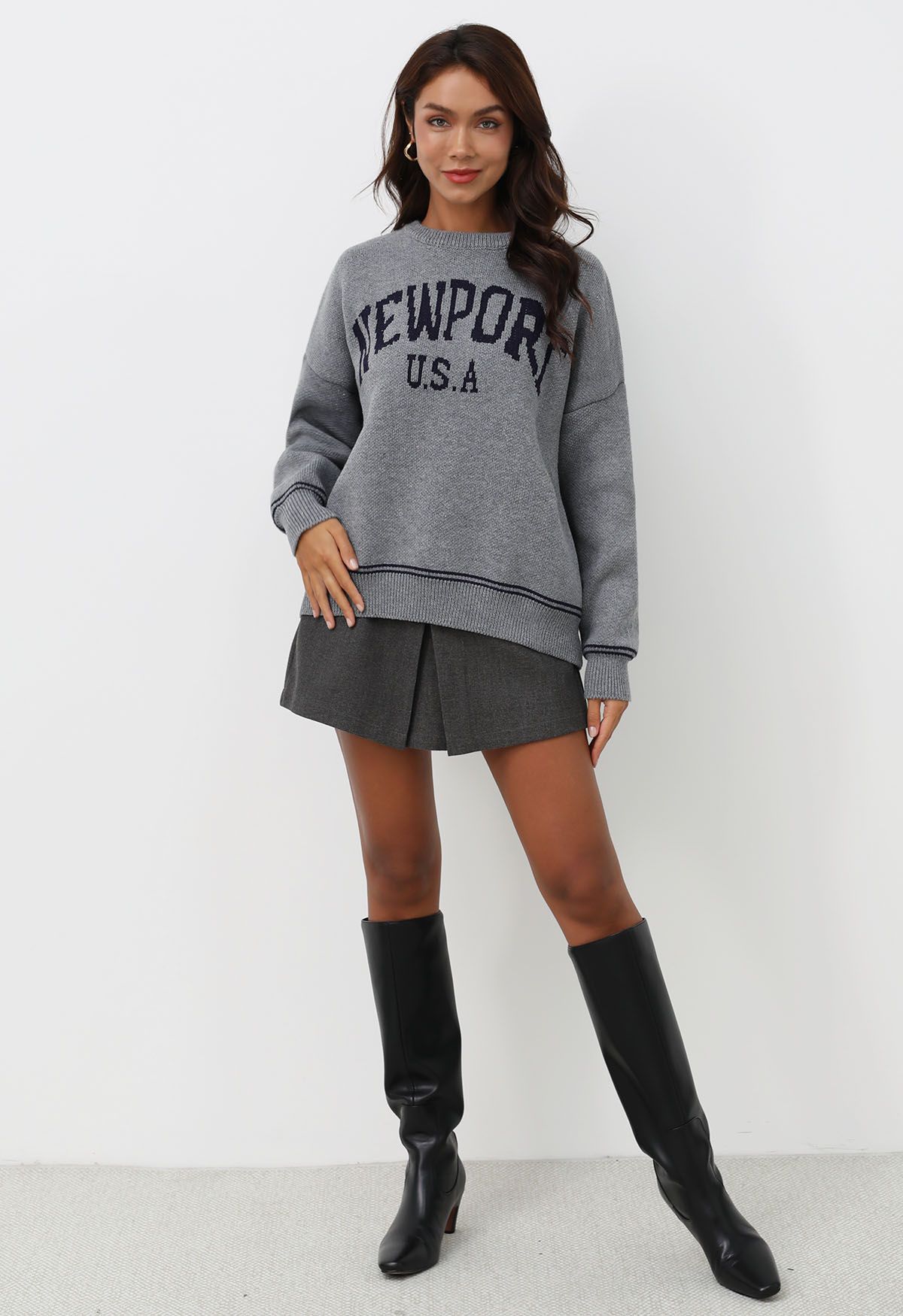 Newport Letter Crew Neck Oversized Knit Sweater in Grey