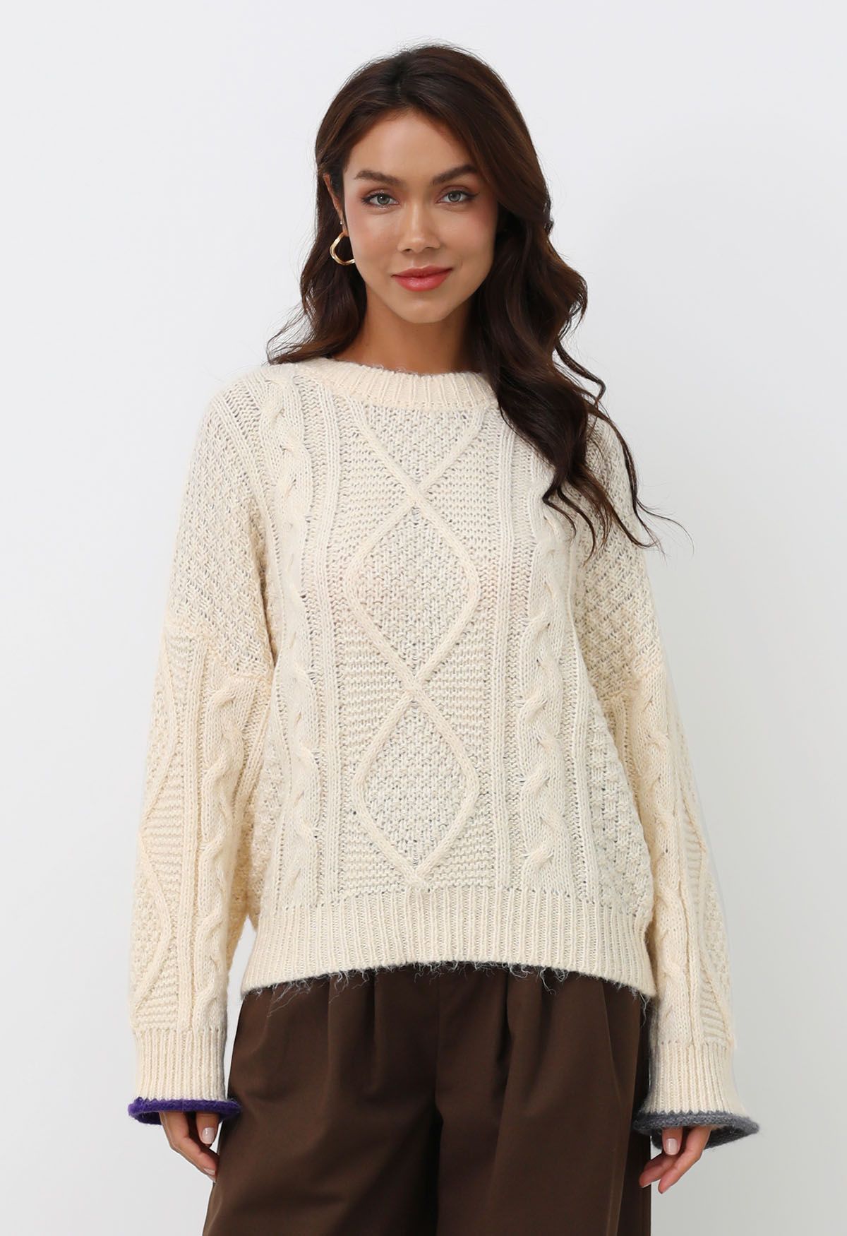 Two-Tone Cuffs Crew Neck Knit Sweater