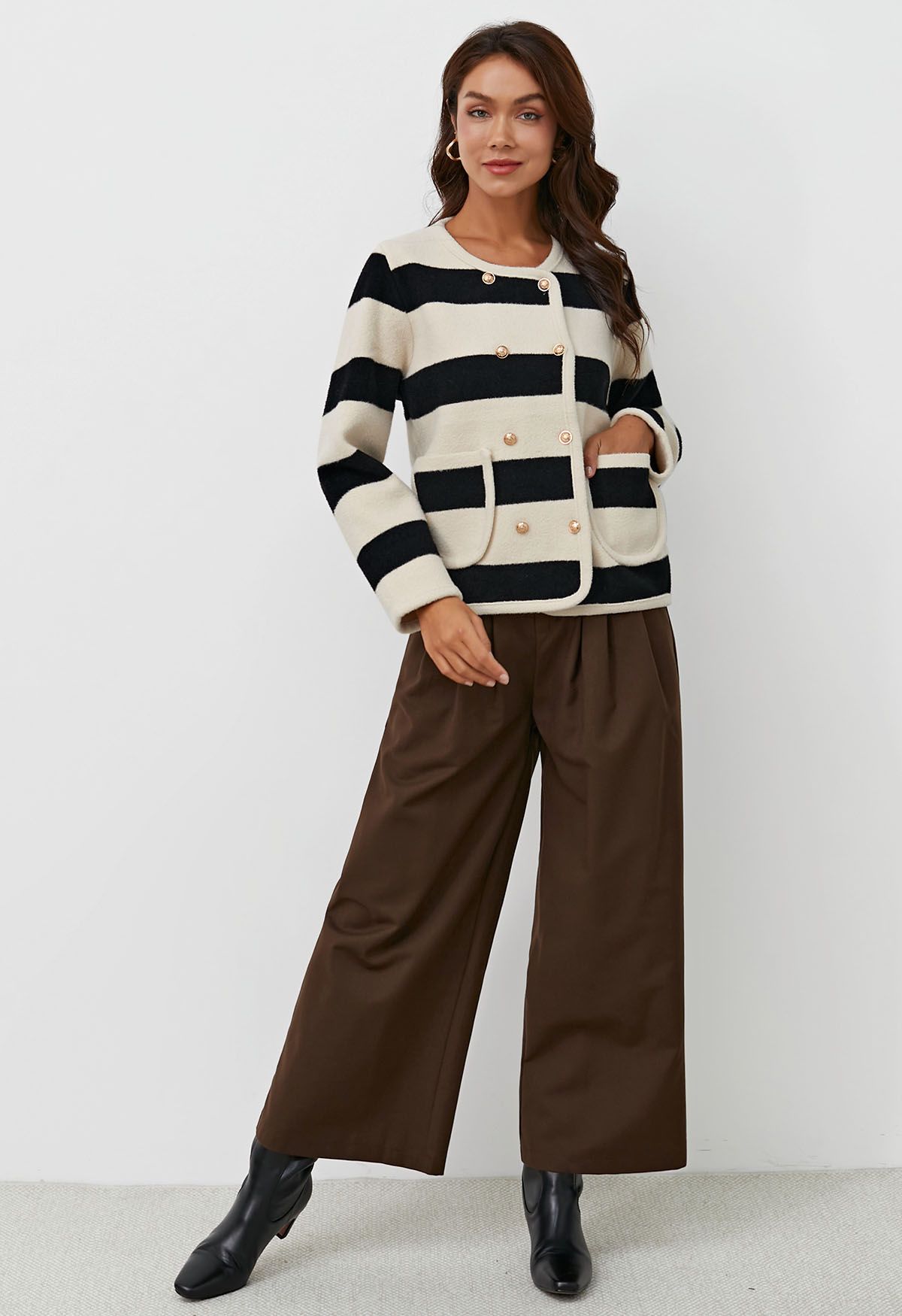 Modern Look Side Pocket Pleats Palazzo Pants in Brown