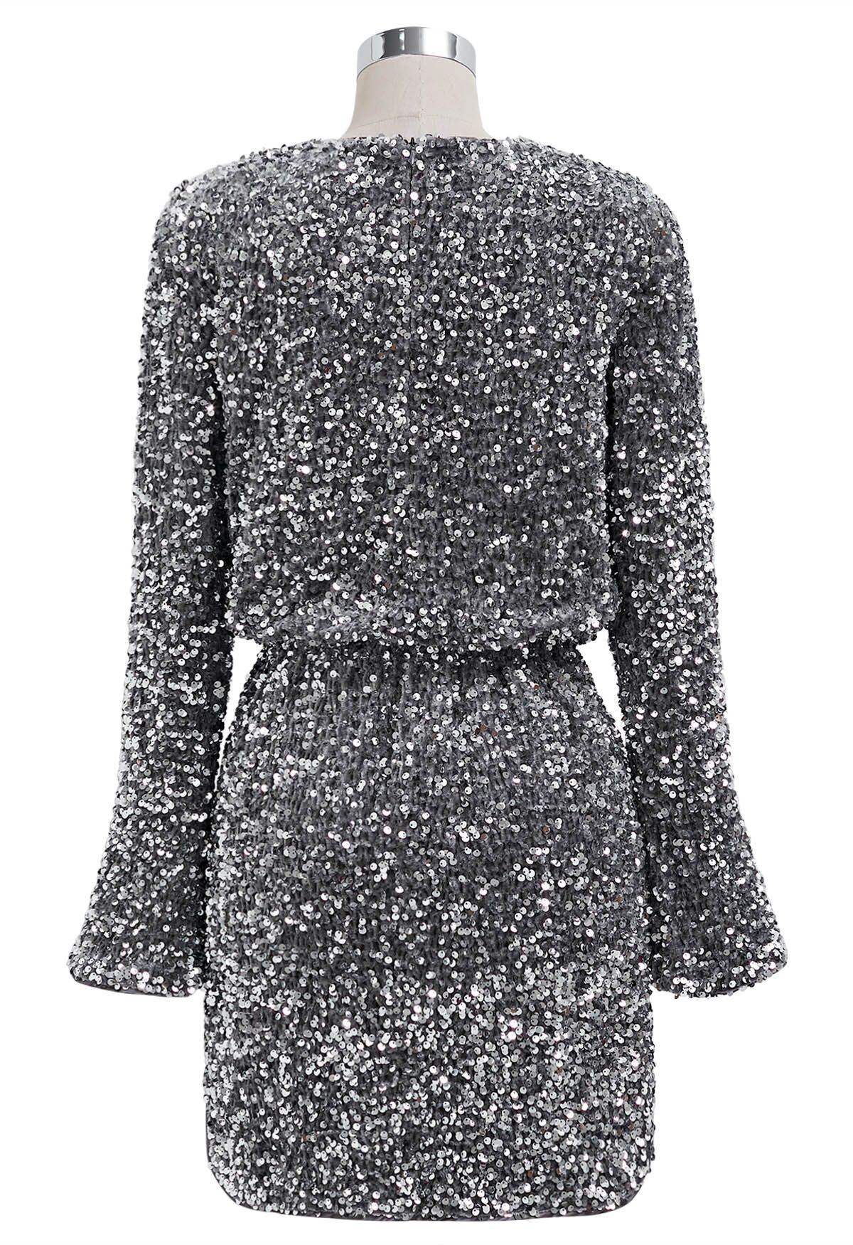 Glistening Silver Sequins Flare Cuffs Velvet Bodycon Dress