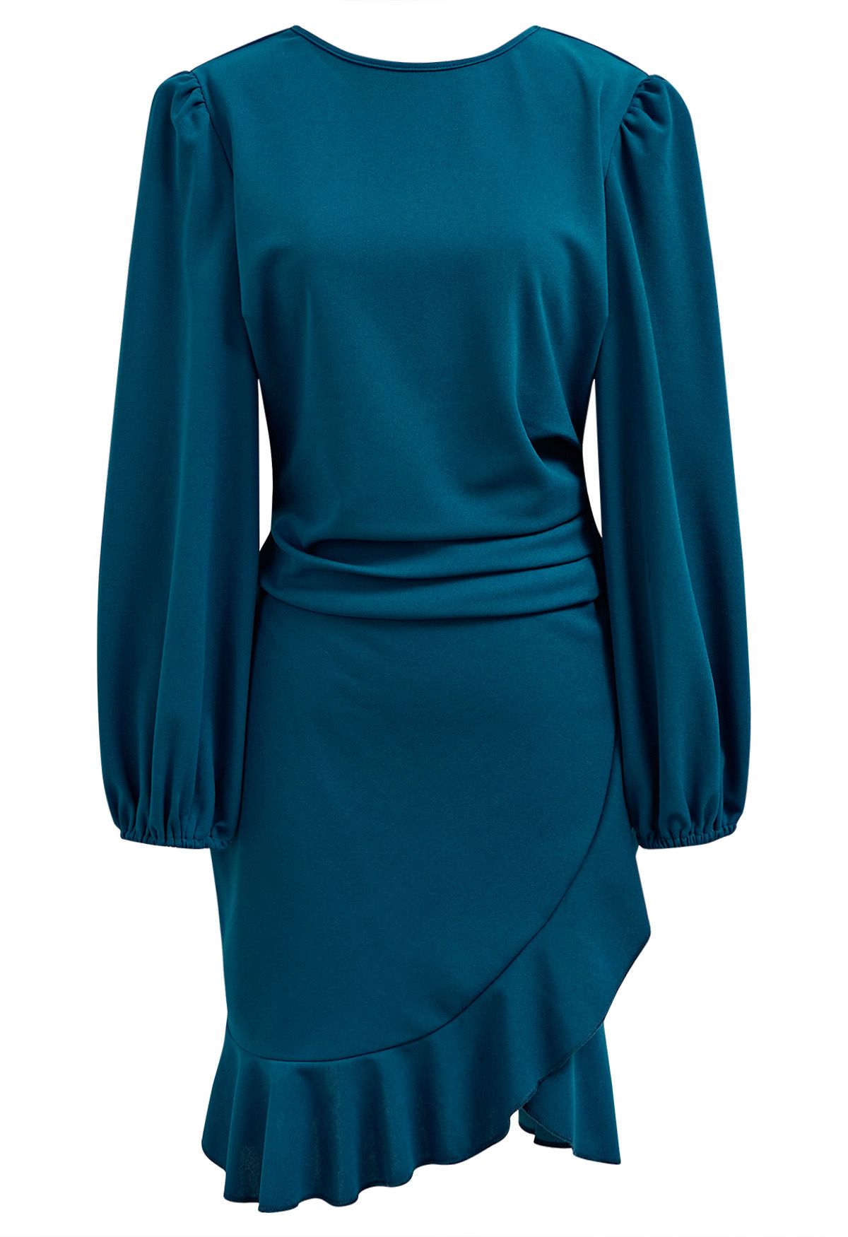 Ruched Side Ruffle Tulip Mini Dress in Teal