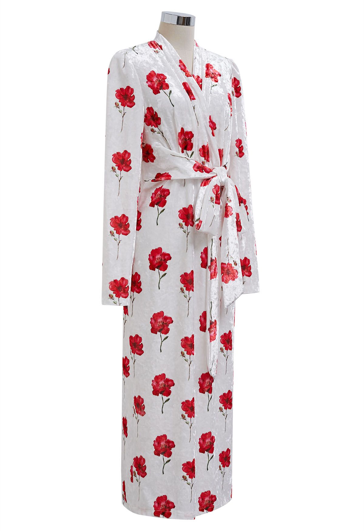 Velvet Floral Printed Tie Sash Midi Dress in White