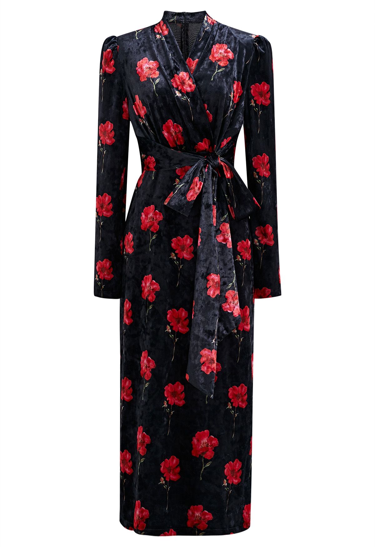 Velvet Floral Printed Tie Sash Midi Dress in Black